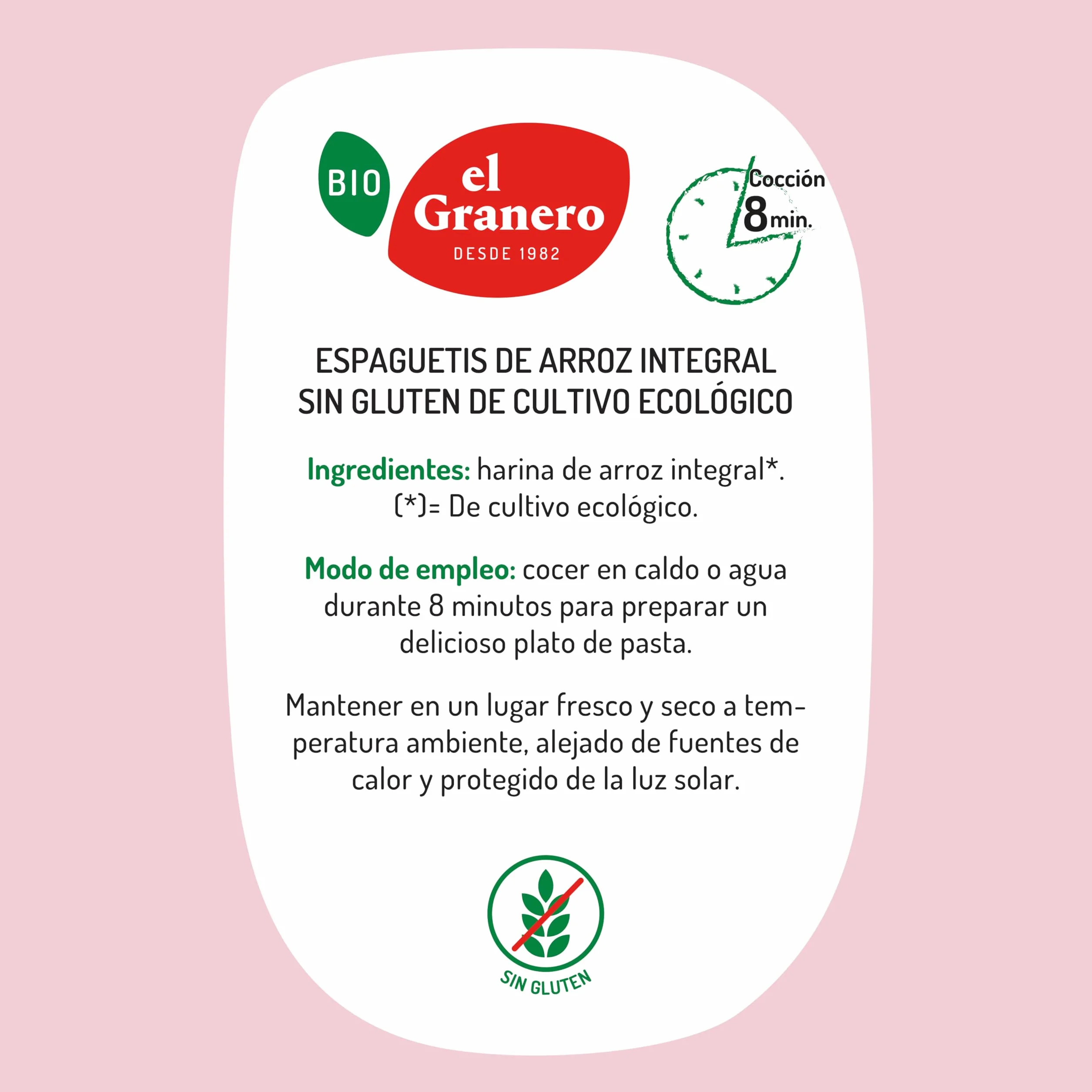 Espaguetis de Arroz Integral BIO El Granero Integral 500 g Sin Gluten Vegano