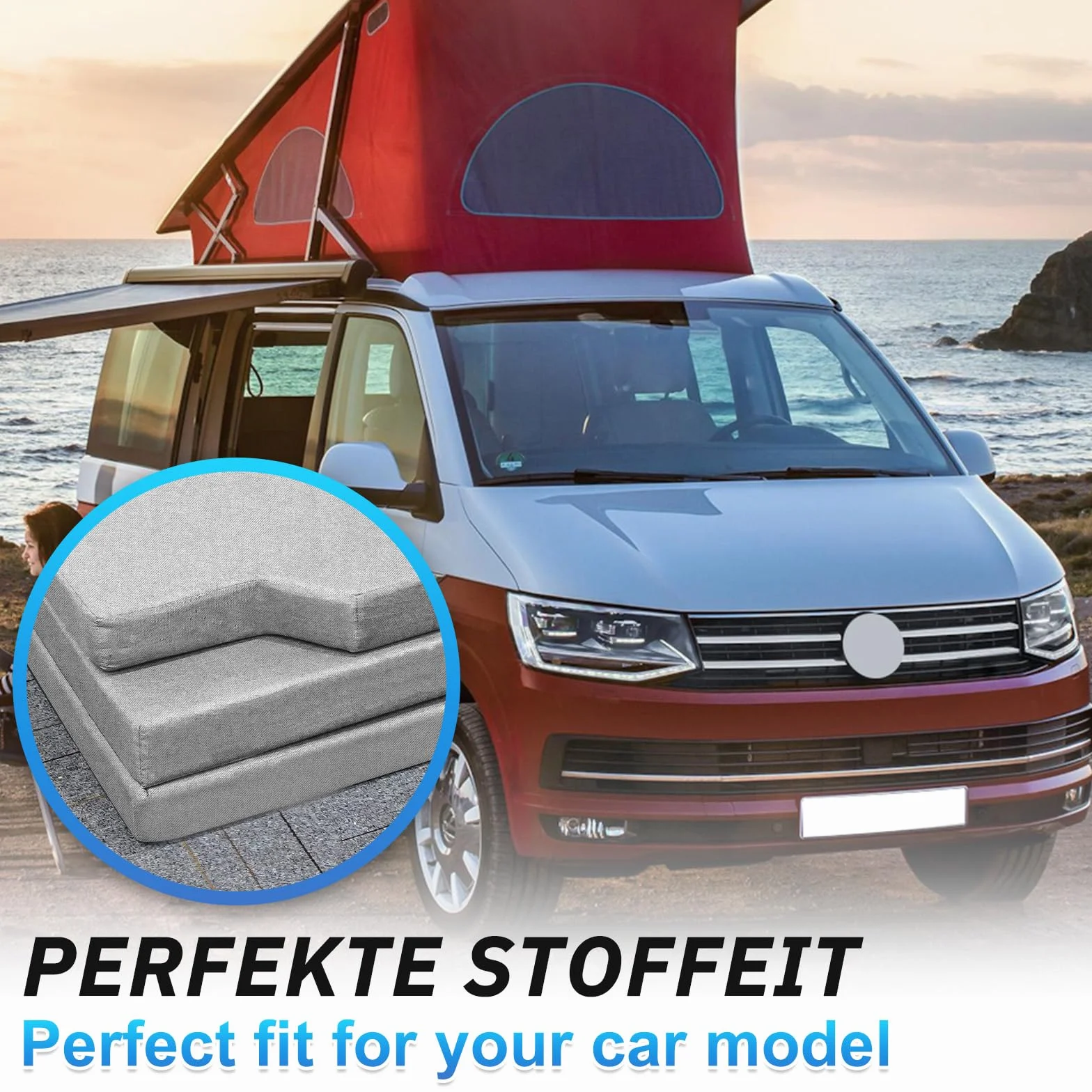 Colchón para VW T4 T5 T6 T6.1 Multivan California Beach Caravelle Transporter, gris Colchón plegable desplegable 185x148x8cm