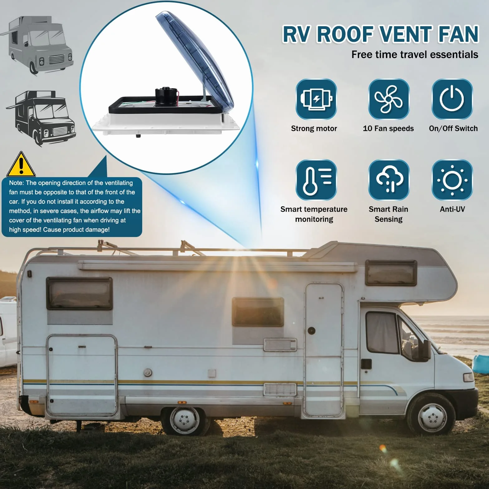 Ventilador De Techo Para Autocaravanas Sensor De Lluvia Reversible 10 Velocidades Mando A Distancia
