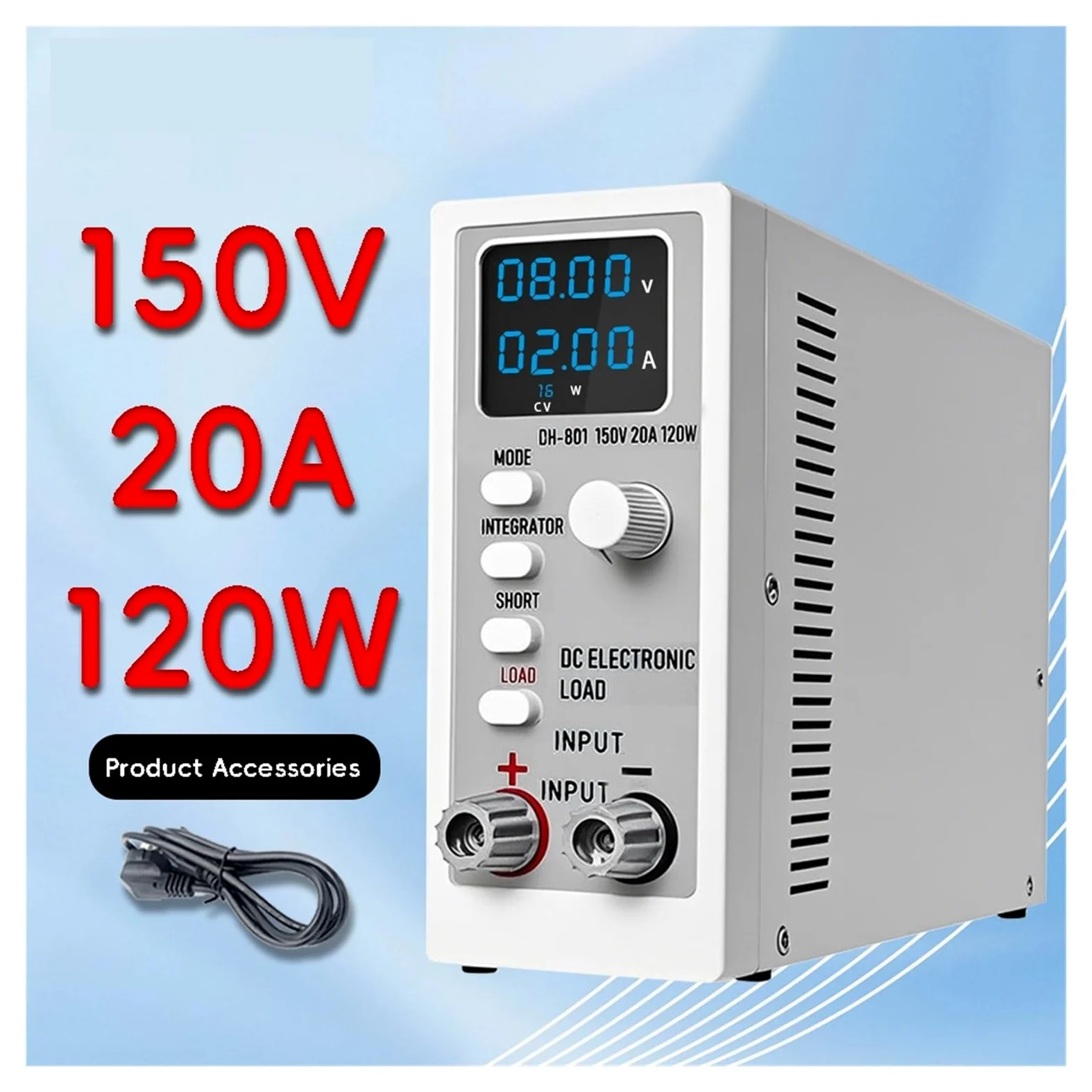 Probador de batería, Comprobador digital de capacidad batería CC con canal carga electrónica 120 W, 150 V y 20 A