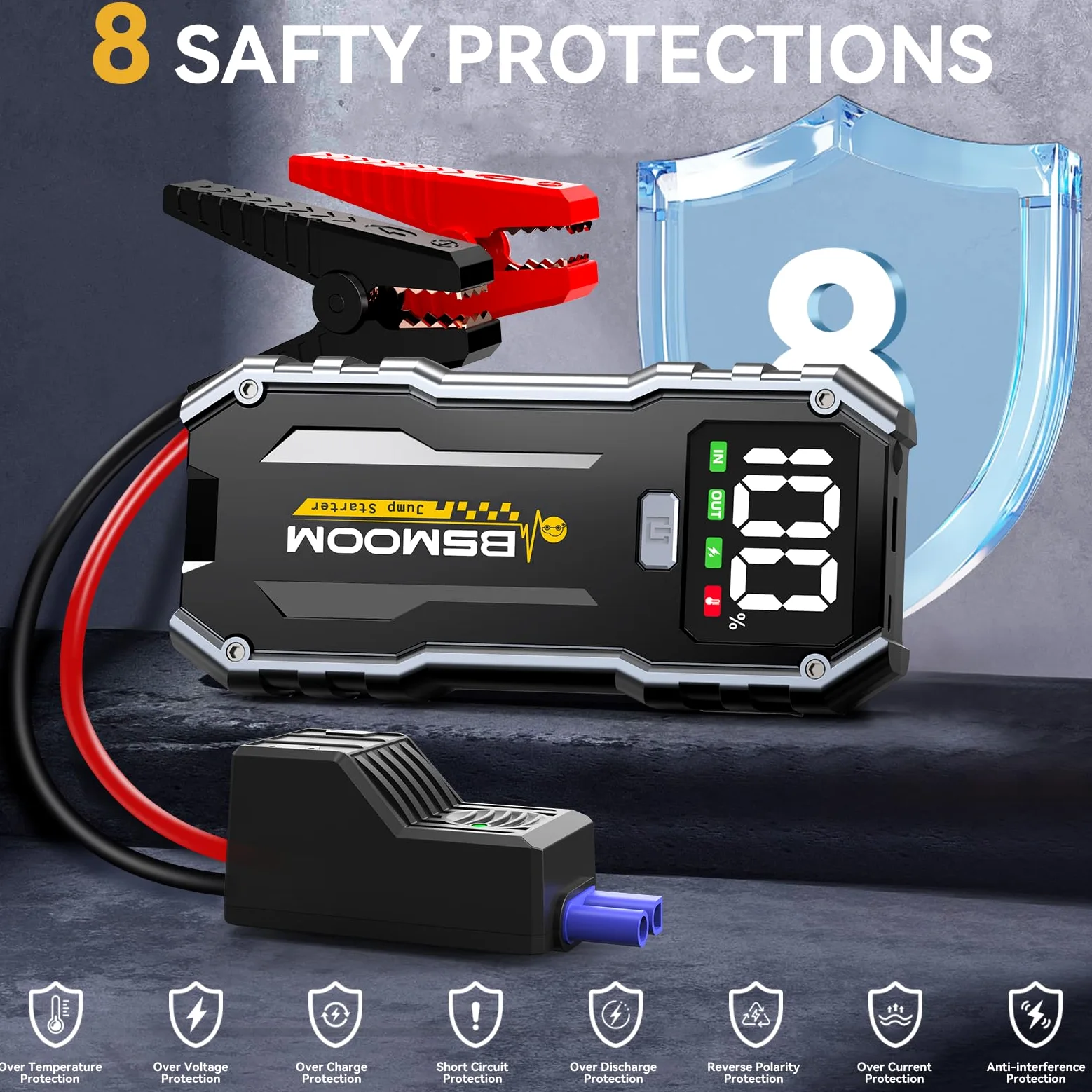 Arrancador de Baterias de Coche, 5000A Arrancador de Coches Portatil (para 10.0L de Gasolina o 8.0L de Diésel) 12 V Booster con Carga rápida USB y Linterna LED de Emergencia