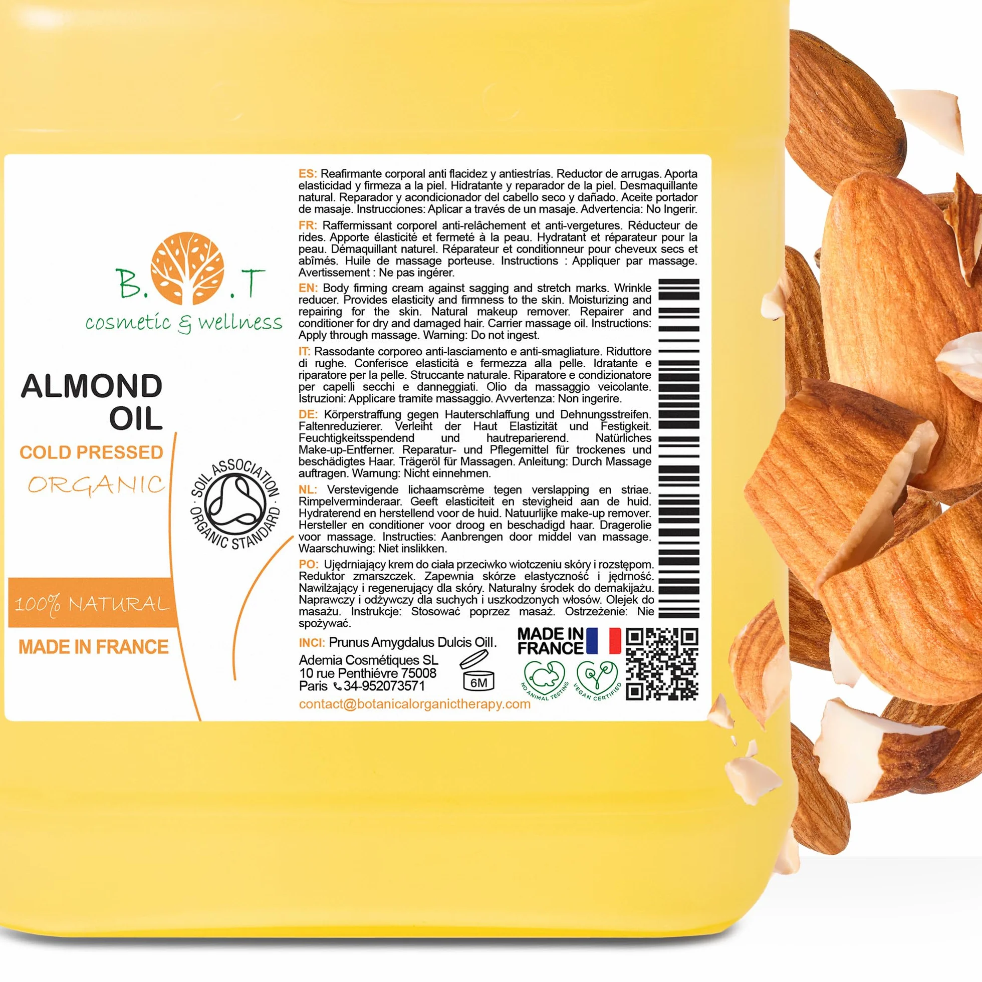 Aceite de Almendras Orgánico Prensado en Frío Puro 5000 ml para Masaje Cabello Pestañas Hidratante Corporal