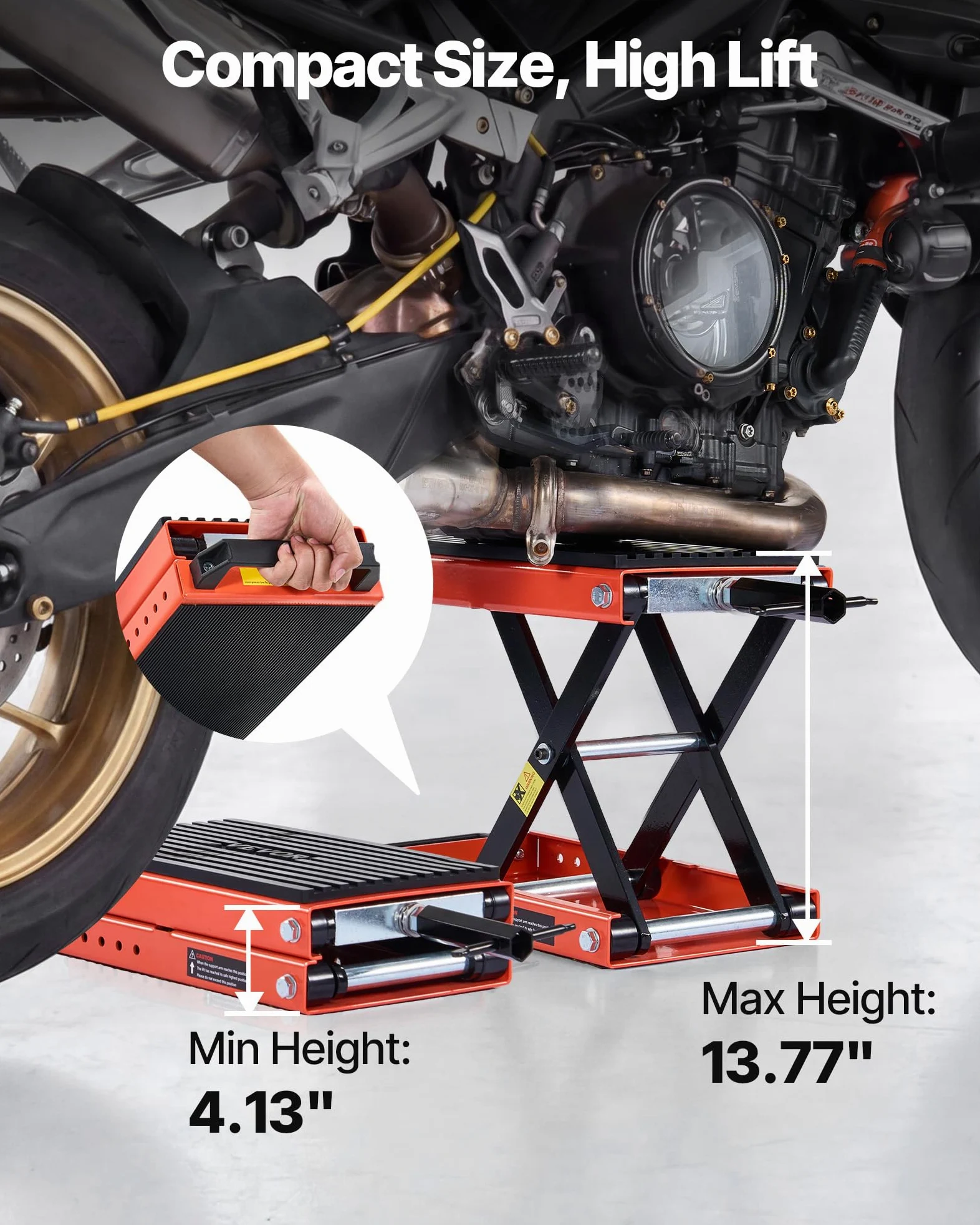 VEVOR Gato Elevador Tijera para Motocicletas 38,5 x 23 cm, Plataforma Elevadora Capacidad de 680 kg, Caballete para Moto Elevación de 105-350 mm para Talleres, Garajes Mecánicos, Naranja y Negro