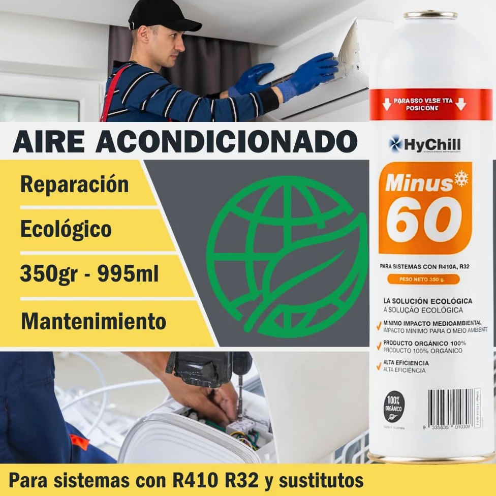 HyChill Minus 60 Refrigerante Técnico Orgánico - Envase Desechable 995 ml - 350gr Carga Neta - Uso Profesional - para Aplicaciones de climatización y refrigeración (3 ENVASES + Llave)