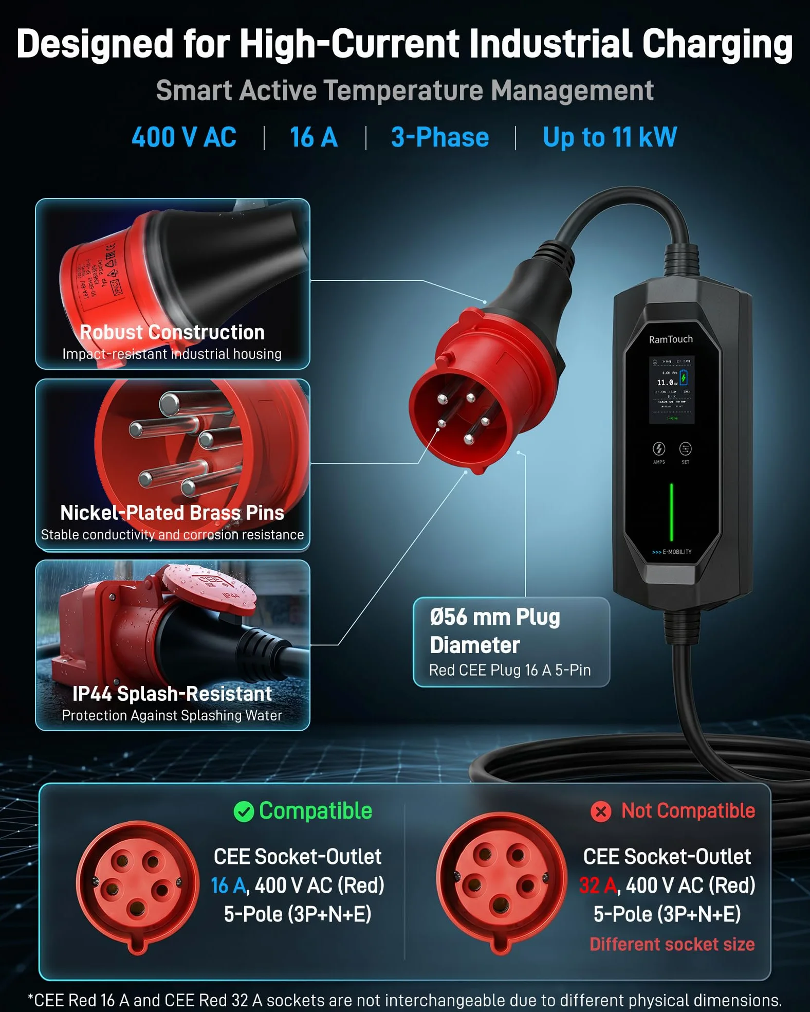 Cargador Coche Eléctrico 11 kW, 16 A, 5 m | CEE Rojo 5P a Tipo 2 | Trifásico | IP67 | 6–16 A | Timer + inicio diferido | LCD 2,4" | RCD CA/CC | Cable Modo 2 / wallbox móvil | para VE y PHEV