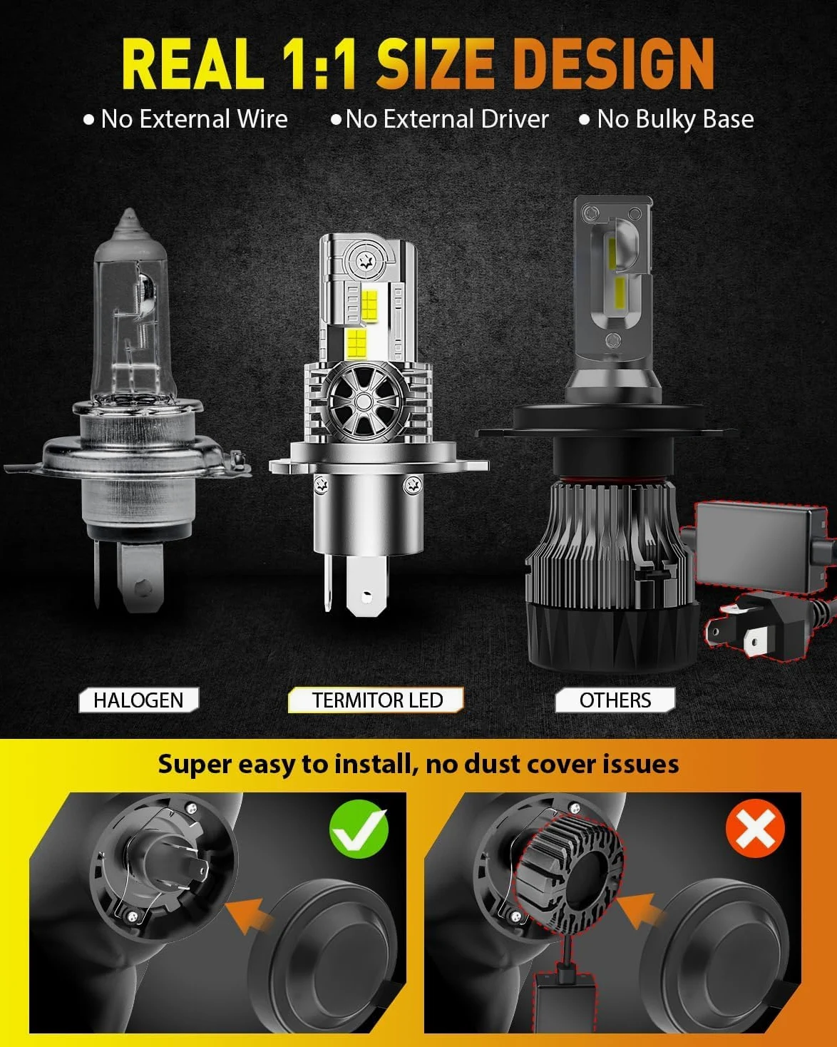 Termitor - Bombillas LED H4/9003/HB2 de haz alto/bajo, 36000 lm, 900% superbrillantes, tamaño halógeno 1:1, 6500 K, blanco frío, 60000 horas, larga vida útil con ventilador de refrigeración, Plug and