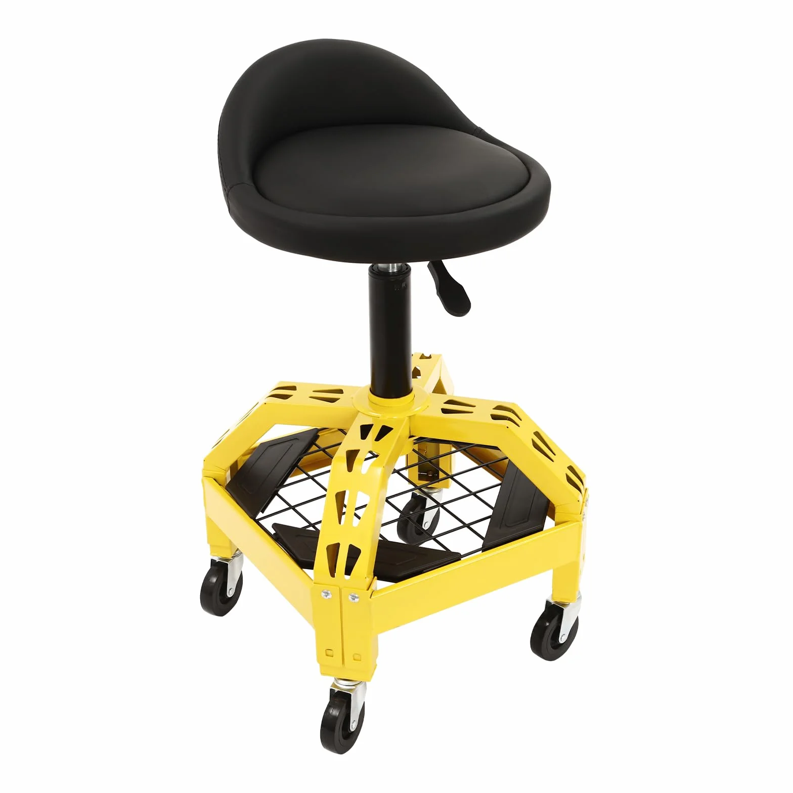 Taburete de taller, altura regulable, taburete con ruedas, 130 kg, capacidad de carga con bandeja para herramientas, silla de taller, asiento de ruedas giratorio 360°, para fábrica, garaje