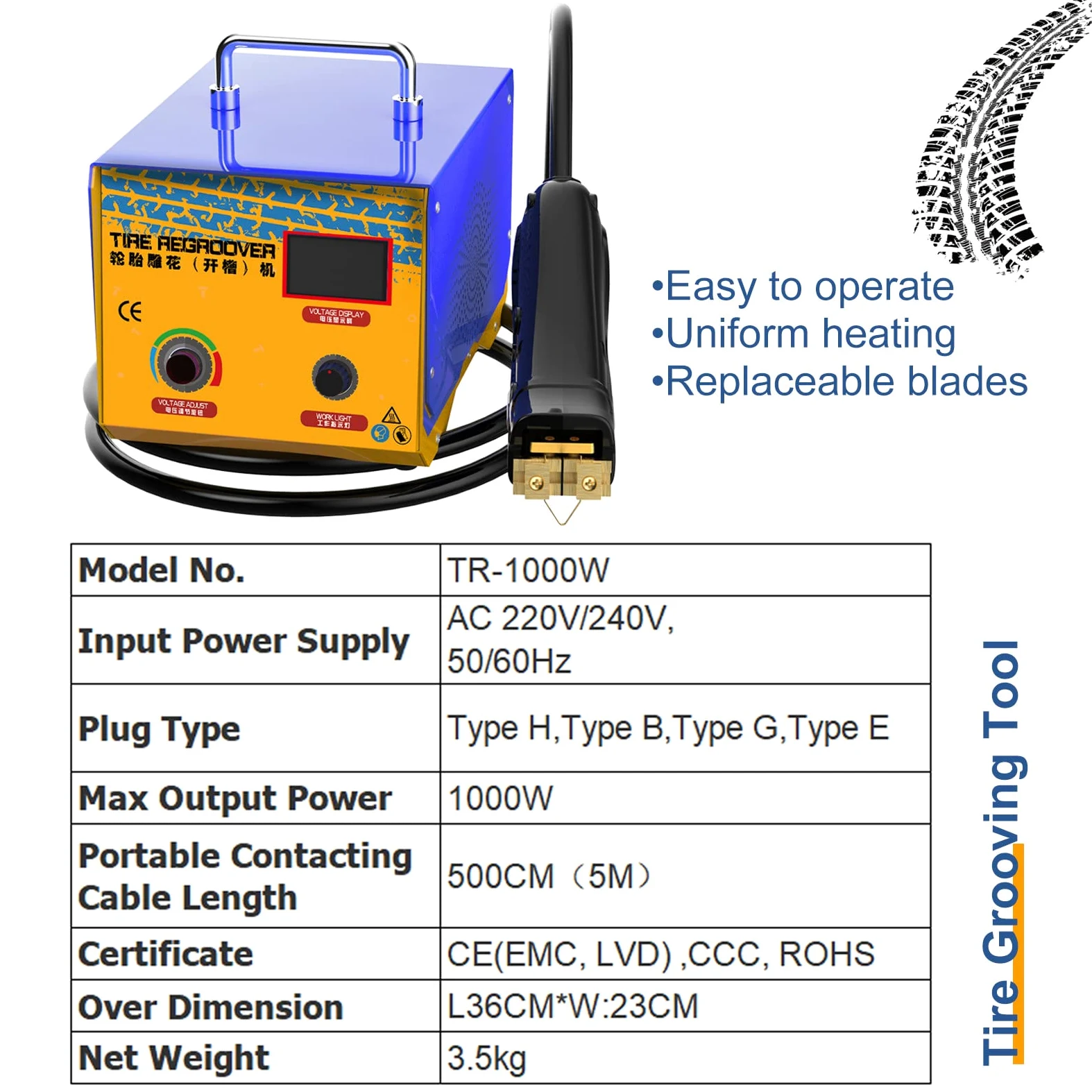 Kit de herramientas portátil para reagrupar neumáticos con cable de 5 m para coche, motocicleta, ATV y neumáticos industriales