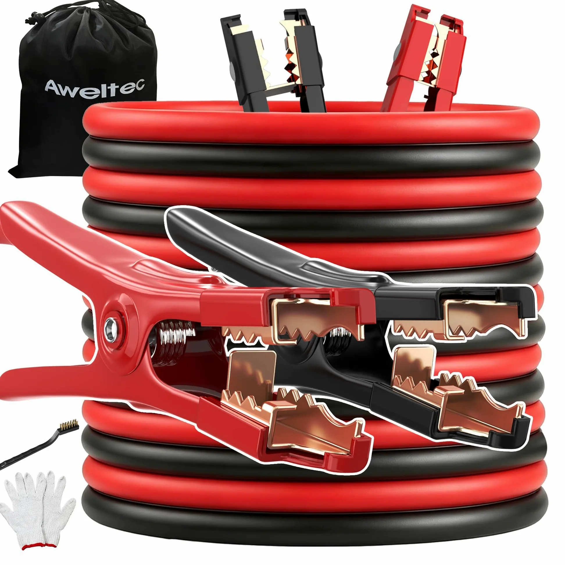 Jumper Cables Cables de Arranque de batería de Calibre 4 de 25 pies para Coche de -40.0 °C a 60.0 °C, Cables de Refuerzo Resistentes con Bolsa de Transporte, Guantes de Seguridad y Cepillo de
