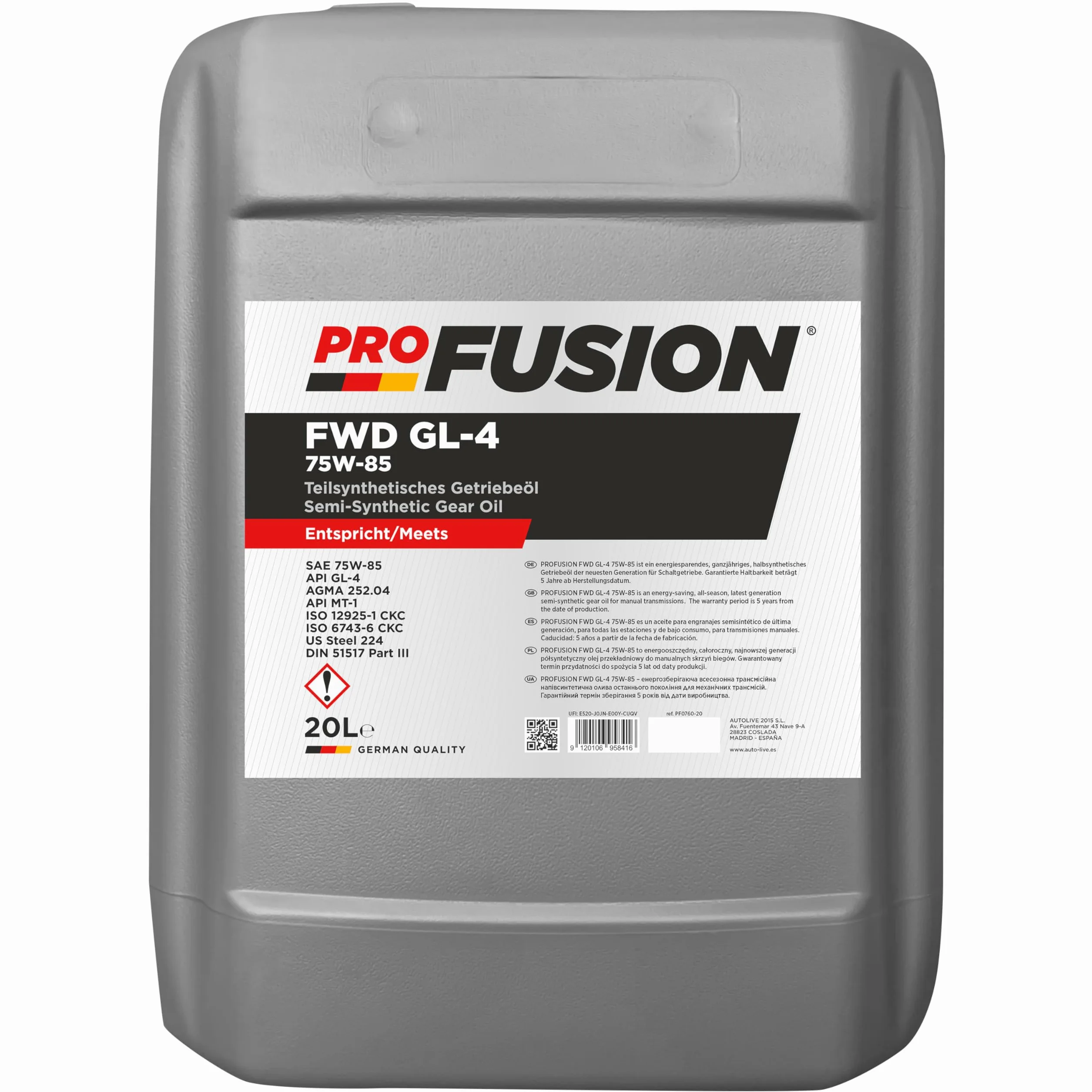 ProFusion 75W-85 60L (Pack de 3 x 20L) – Aceite de Transmisión Semisintético para Cajas Manuales y Mandos Finales – Ahorro Energético, Protección Antidesgaste y Larga Duración – API GL-4/MT-1