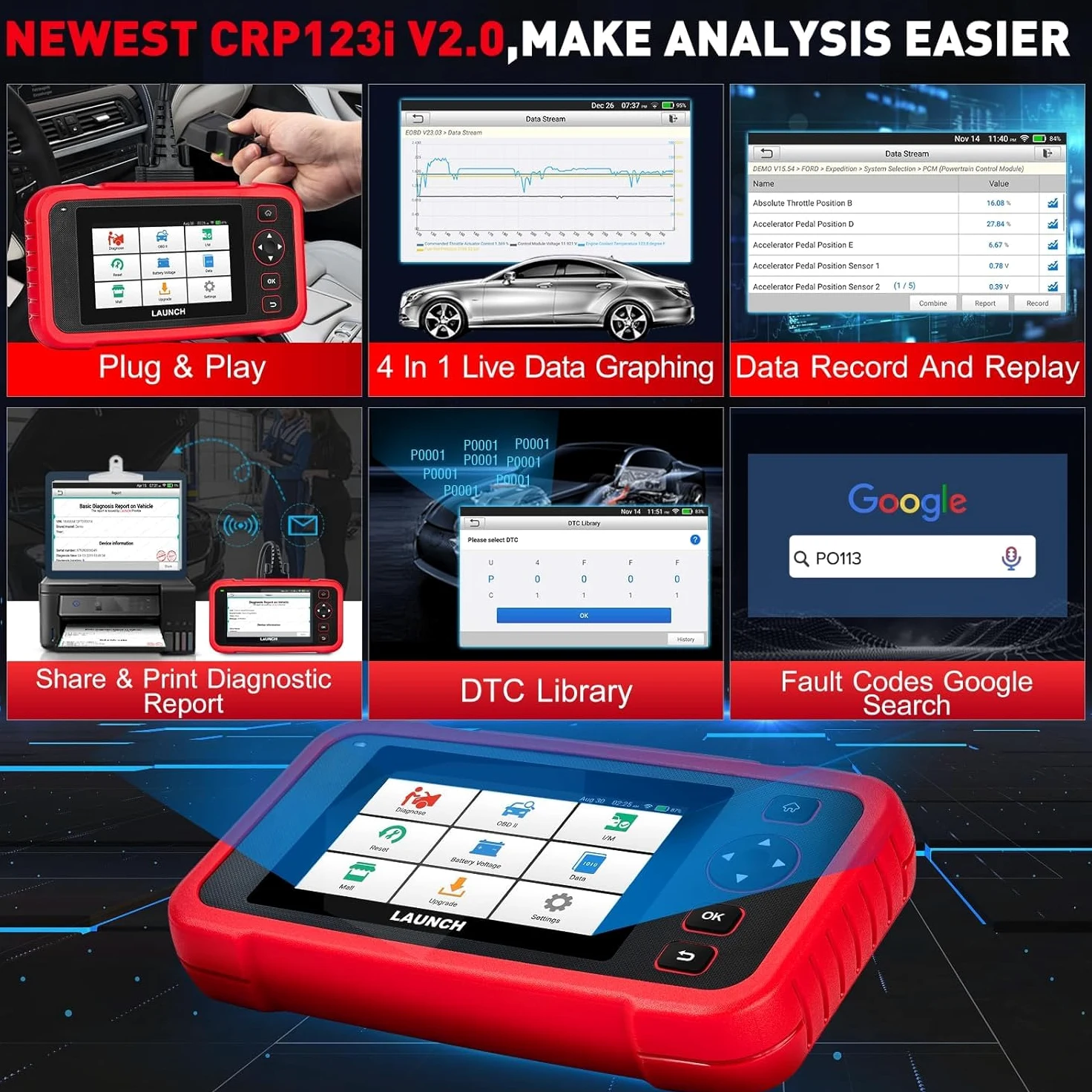 LAUNCH CRP123i V2.0 OBD2 - Herramienta de diagnóstico de lector de código, escáner OBD Elite Car con 4 sistemas y 7 funciones de reinicio (aceite, SAS, freno, BMS, ABS, DPF, acelerador) para vehículo