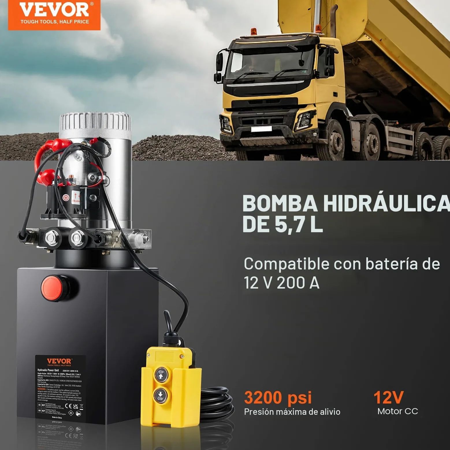 VEVOR Bomba Hidráulica DC 12 V 6 L Unidad Hidráulica de Doble Acción Flujo de Aceite 3,44 L/min Presión Máxima de Descarga 22 MPa para Volquete, Plataforma Elevadora, Remolque, Elevación y Descarga
