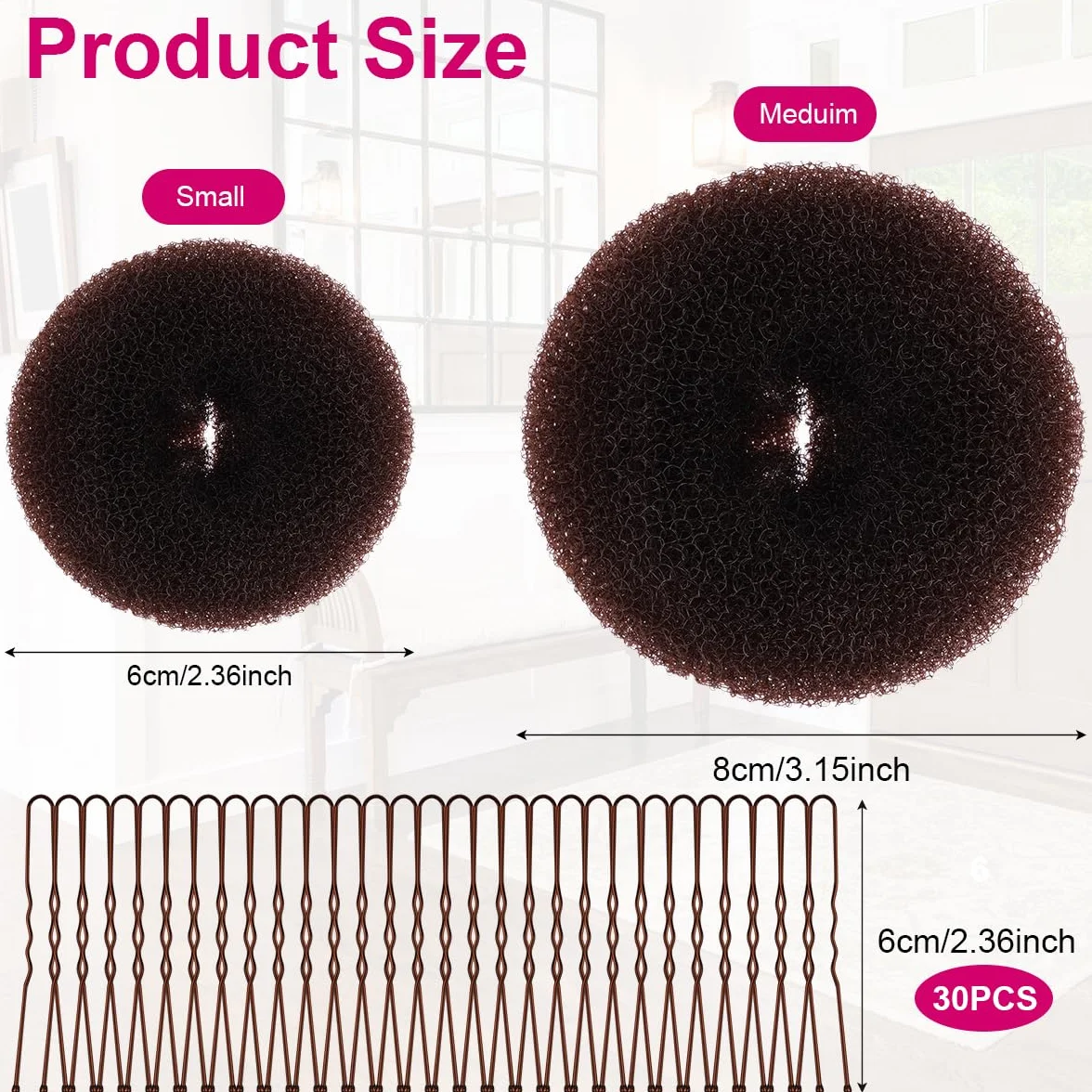 URAQT Donut Moño De Pelo 4PC Accesorios de Peinado Kit con 30 Horquillas en Forma de U para Bailarines Niñas Mujeres Marrón rojizo