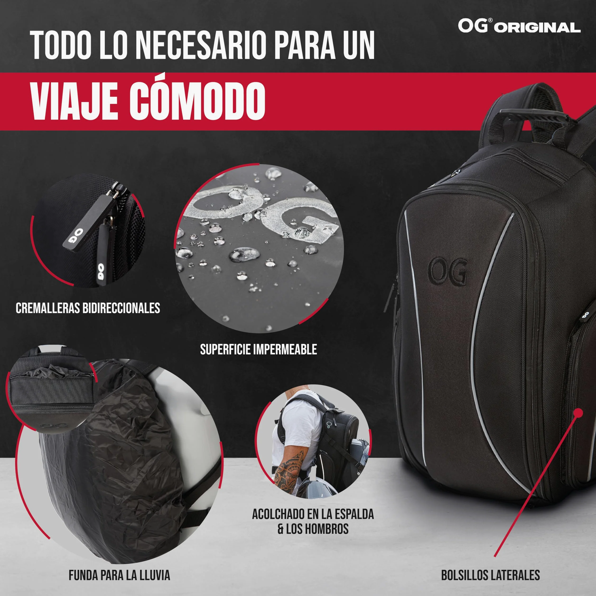OG Original Mochila Moto GO Negra Impermeable 20L, Bolsa Porta-Cascos Motorista, Correa Casco, Ciclismo, Hombre, Portátil, Reflectante, Bolsillo Antirrobo