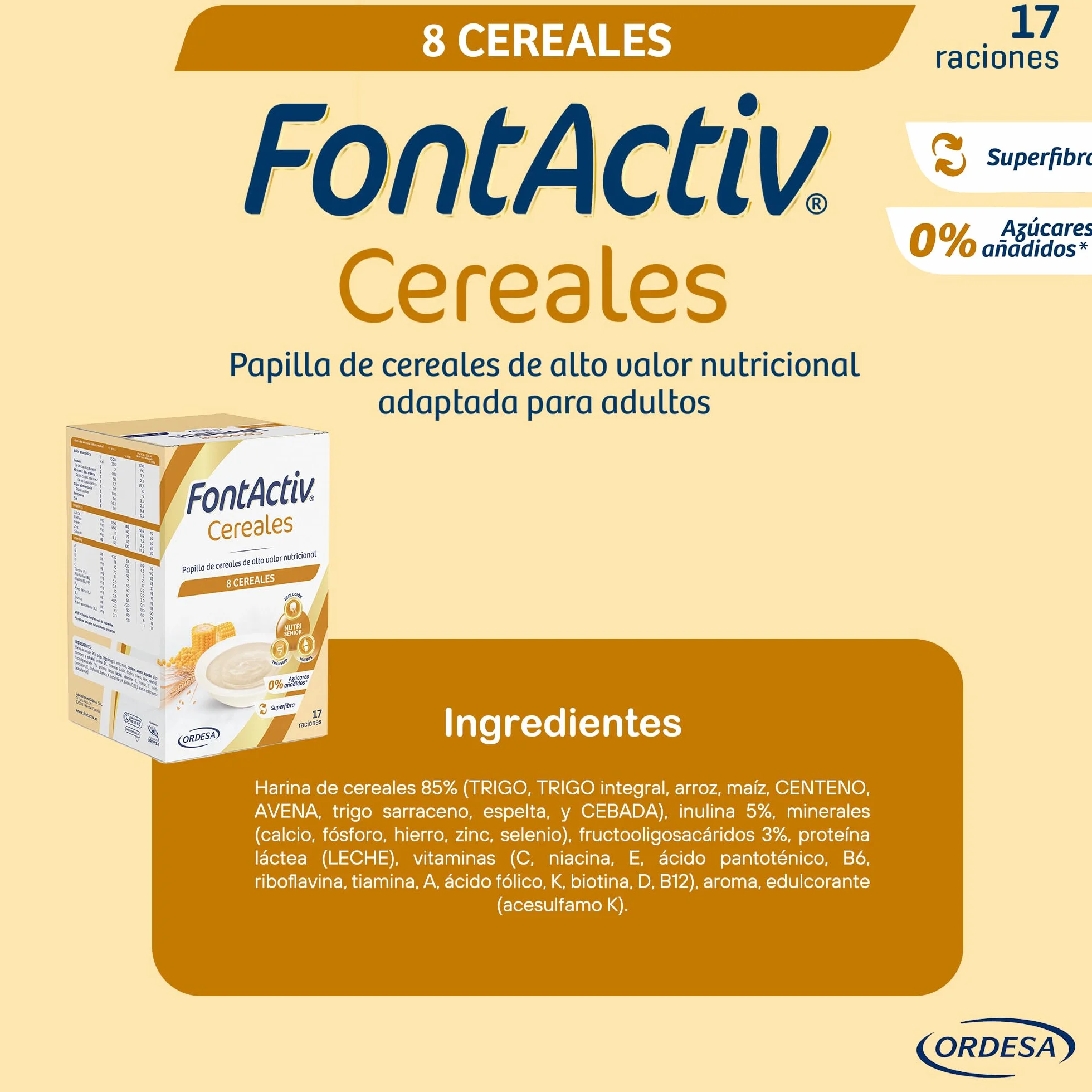 FontActiv 8 Cereales 500g Papilla Cereales Adultos Mayores Arroz Avena Maíz