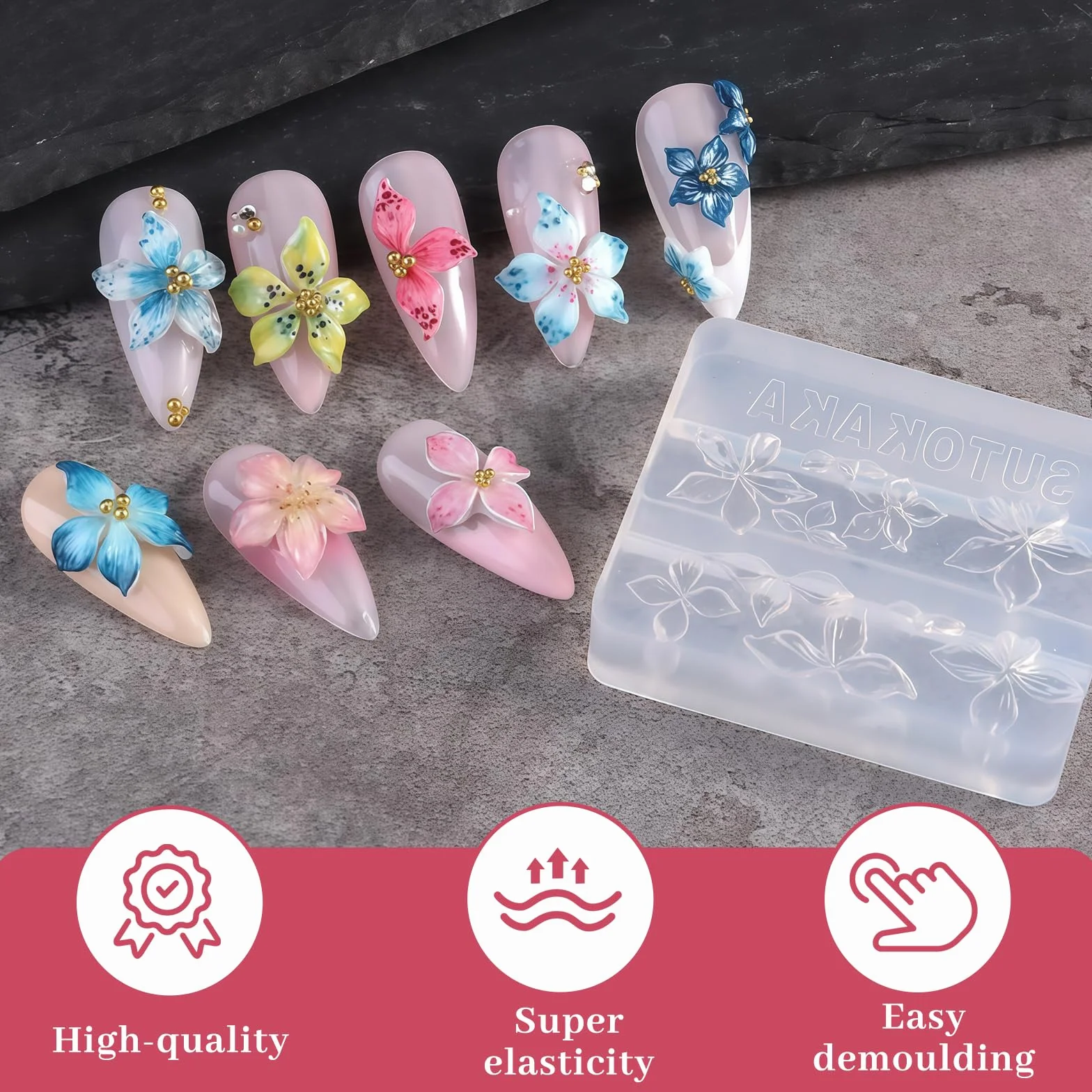Nails Mold, Molde de estampado de uñas de silicona de flores, Sello de uñas 3D para manicura DIY