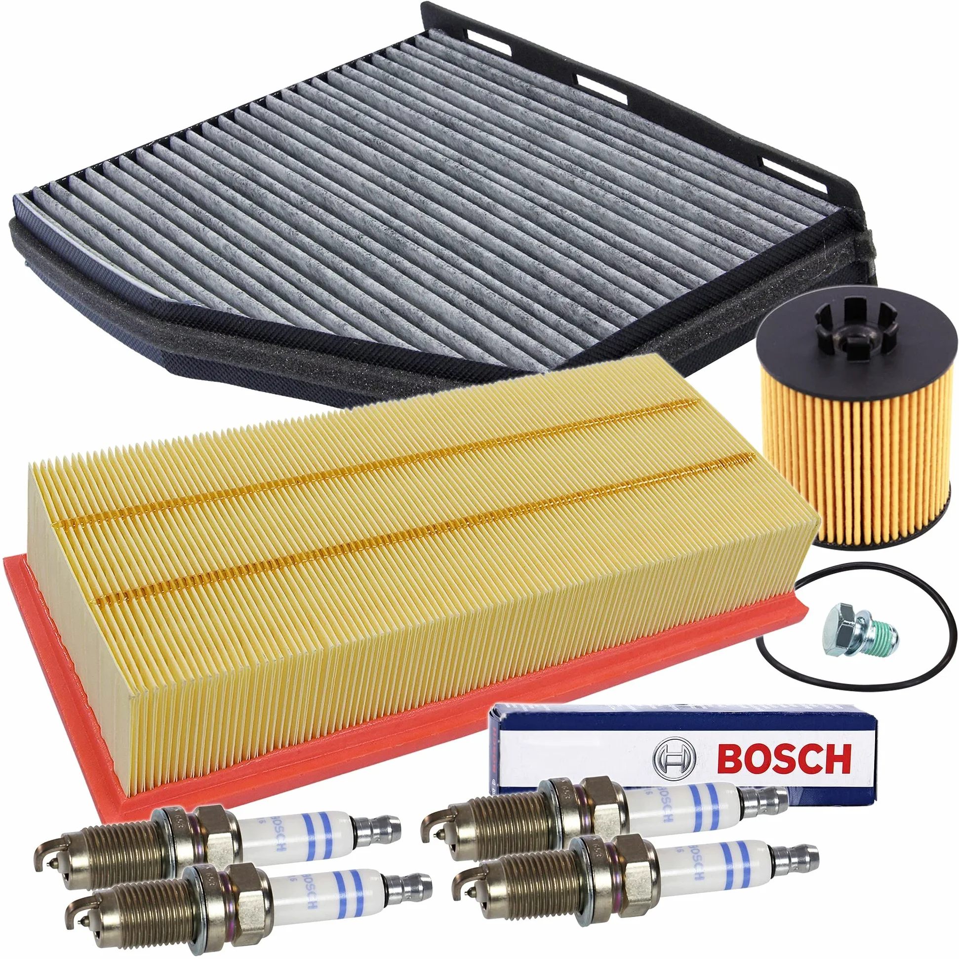 BESTPRICE Paquete de inspección juego de filtros con 1x filtro de aire, 1x filtro de habitáculo con carbón activado, 4x bujías de doble platino FR6HI332, 1x tapón de drenaje de aceite con junta