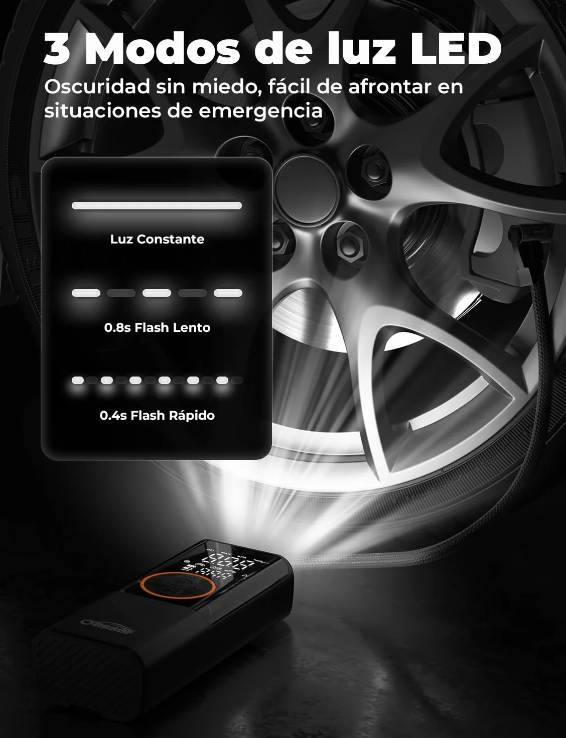 Oasser Compresor Aire Portatil 6000mAh 150PSI Inflador Ruedas Coche Pequeño Pantalla LCD Doble Visualización Cable Encendedor 3M Parada Automática Bolsa Almacenamiento para Coche Moto Bicicleta Bola