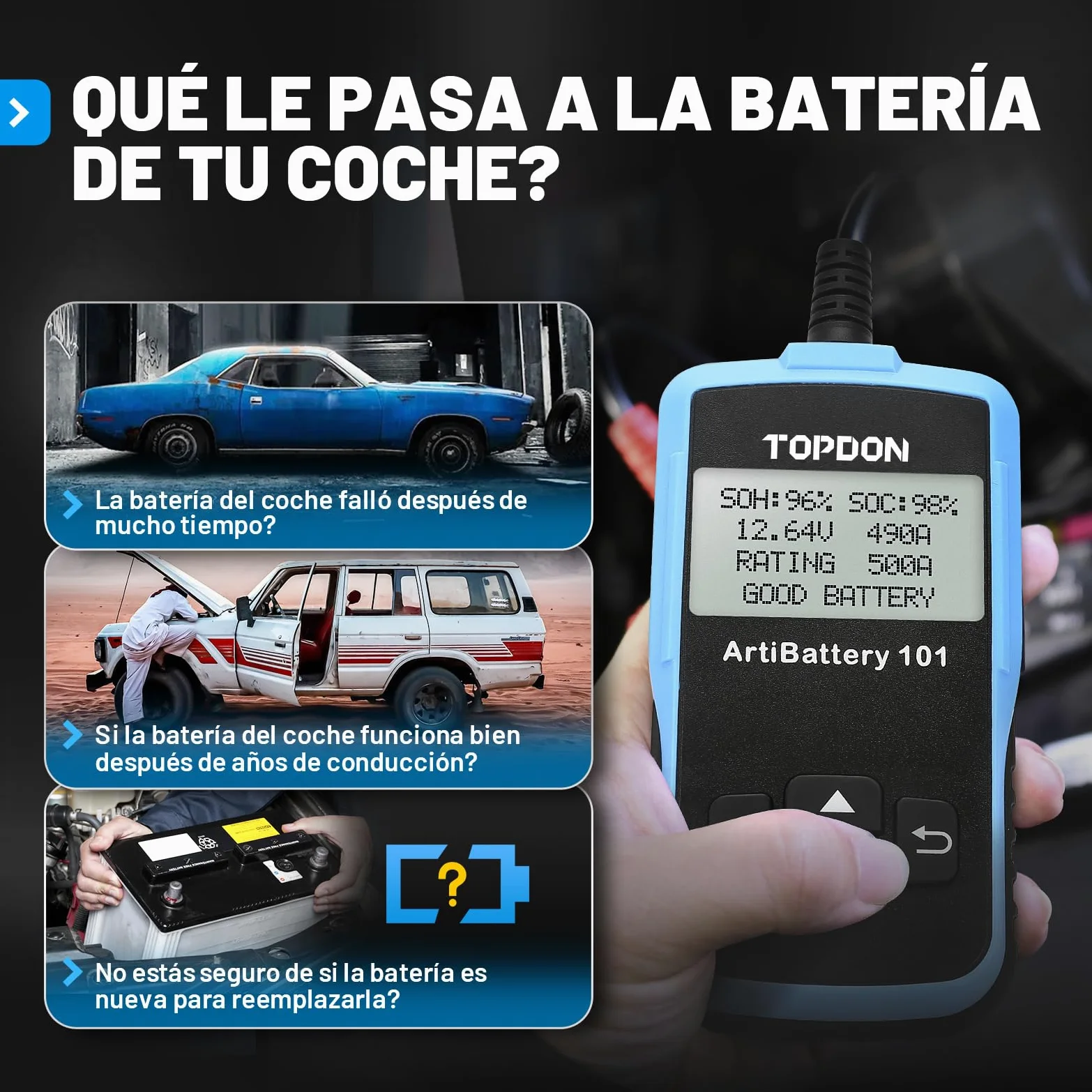 TOPDON ArtiBattery AB101 Comprobador de batería de Coche de 12 V 100 – 2000 CCA. Medidor de batería de Coche para Pruebas de Arranque y Carga, Analizador Digital para Celda húmeda/AGM/Gel/EFB