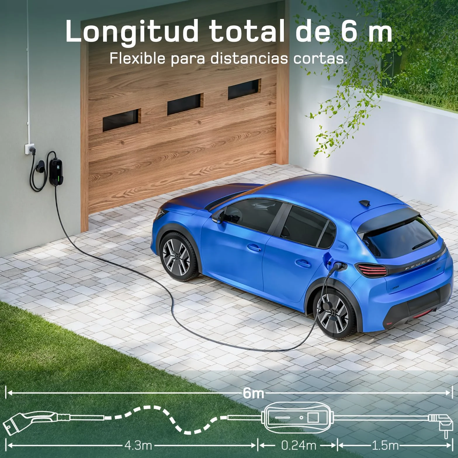 Cargador Coche Electrico 6m Tipo 2 Portatil 3,7kW 6-16A con Enfuse Schuko para Model Y/3 y BEV/PHEV