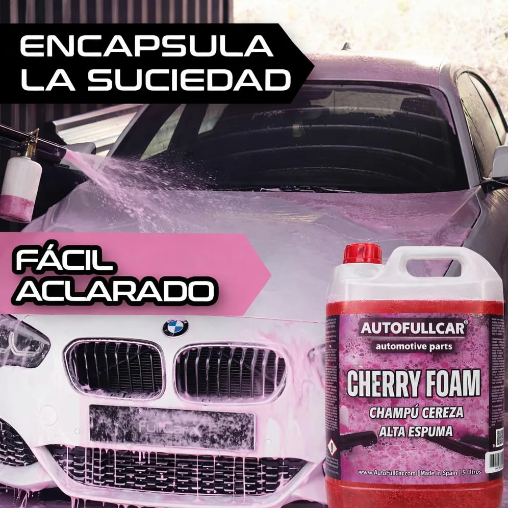 AutoFullCar Cherry Foam 5 Litros, Champu Espuma Activa Coche Rosa, Limpiador Alcalino Alta Concentracion, Lavado Carroceria, Uso con Lanza Foamer o Cubo, Encapsula Suciedad