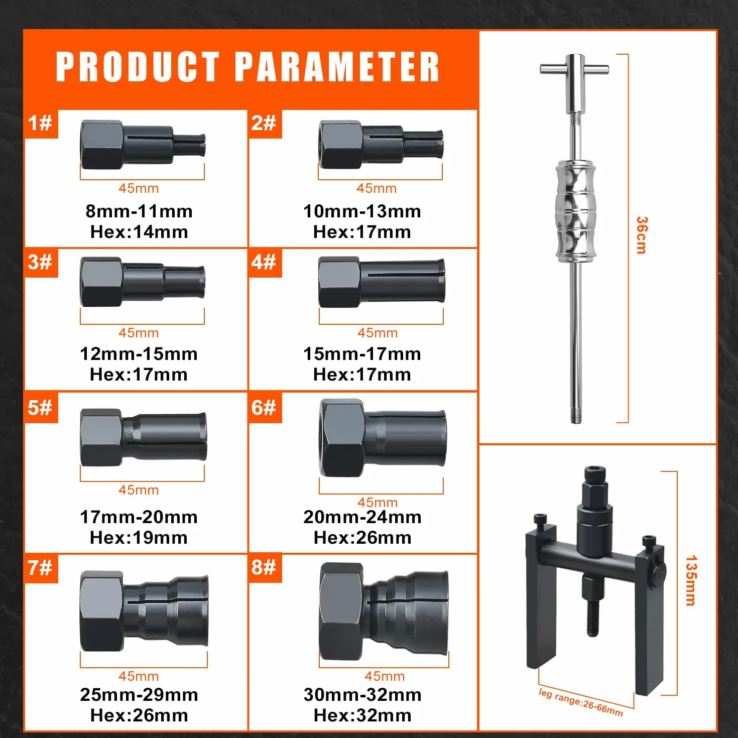 Kit de 12 extractores de rodamientos internos 8-32 mm con Extractor de 2 Garras para Huecos Ciegos y Martillo Deslizante, para Bicicleta y Moto