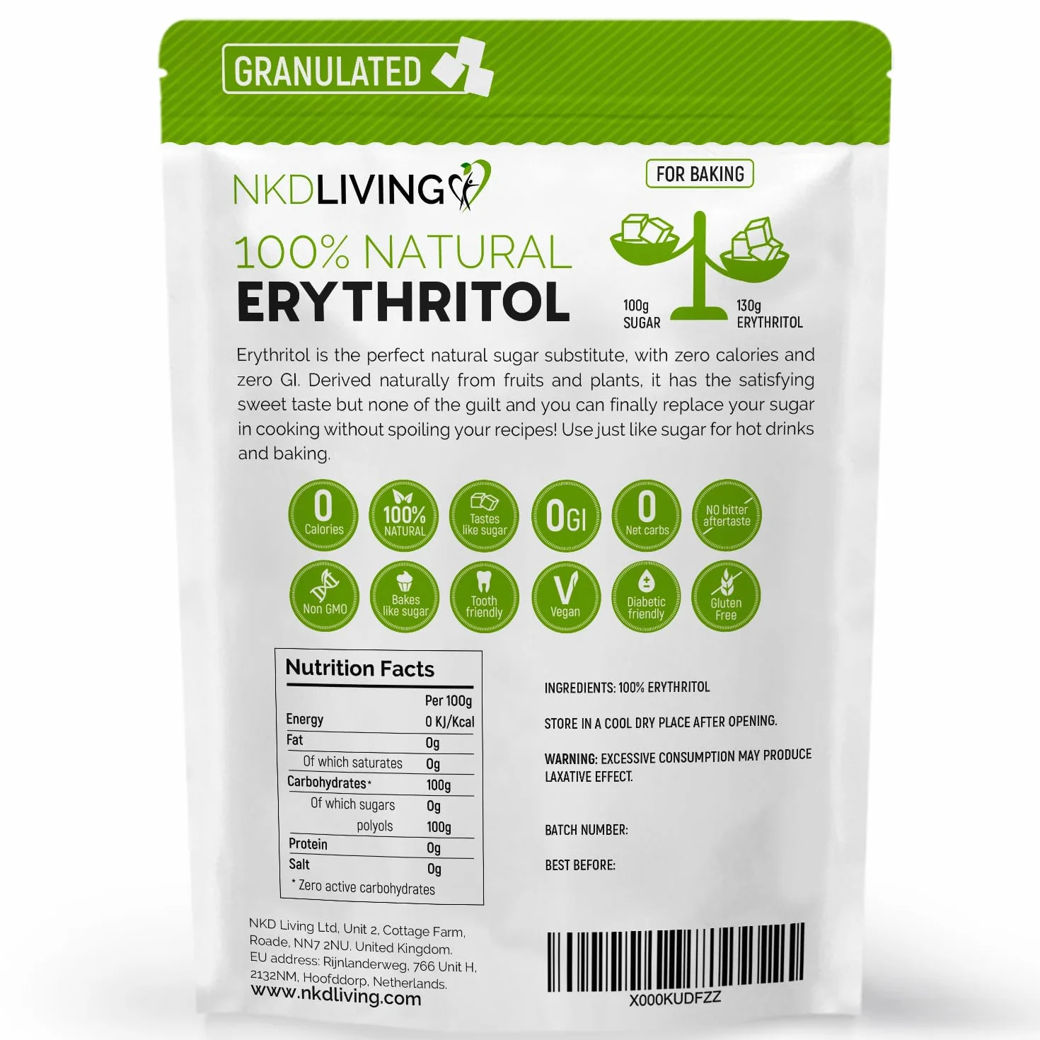 Eritritol 1 kg Granulado sustituto del azúcar cero calorías