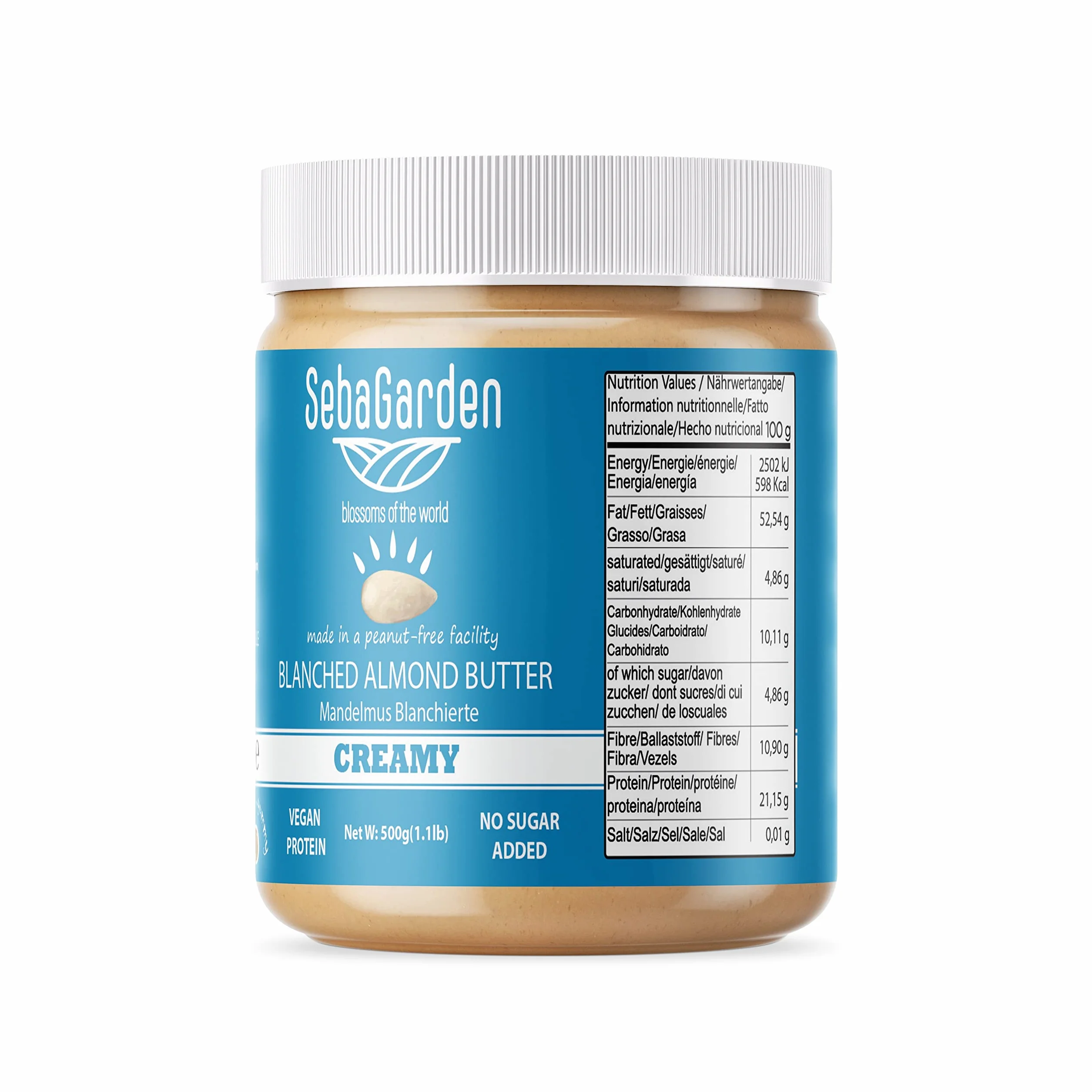 Seba Garden Mantequilla de almendras blanqueada 500 g sin sal sin azúcar vegana paleo