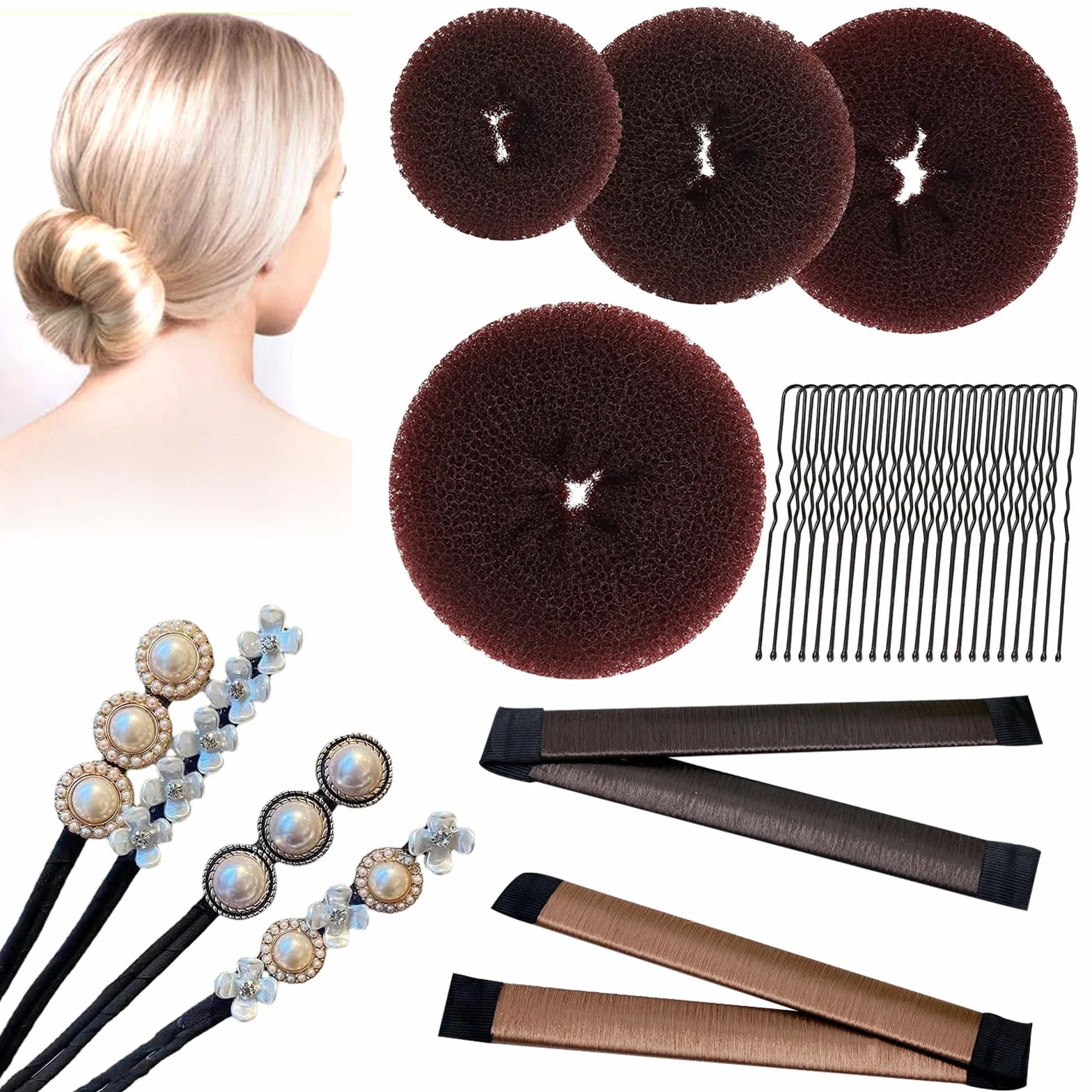 Donut de Pelo 30 PCS, Accesorios de Peinado, Moño de Pelo DIY Set para Bailarines