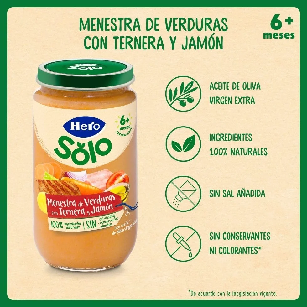 Hero Solo Tarritos Menestra Verduras Ternera Jamón Sin Sal Añadida 6 x 235 g Bebés 6 Meses