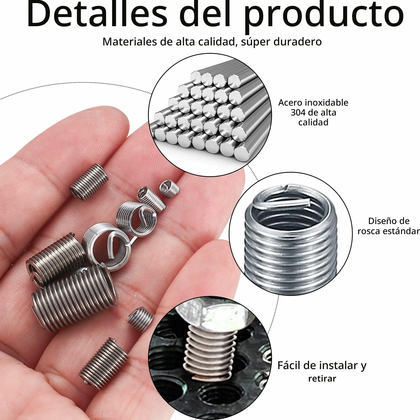 200 Piezas Insertos Roscados, Kit de Helicoil Inserto de Tornilo de Hilo de Alambre, M3 M4 M5 M6 M8 Reparación de Roscas de Alambre de Acero Tipo Helicoil Insertar de Acero Inoxidable