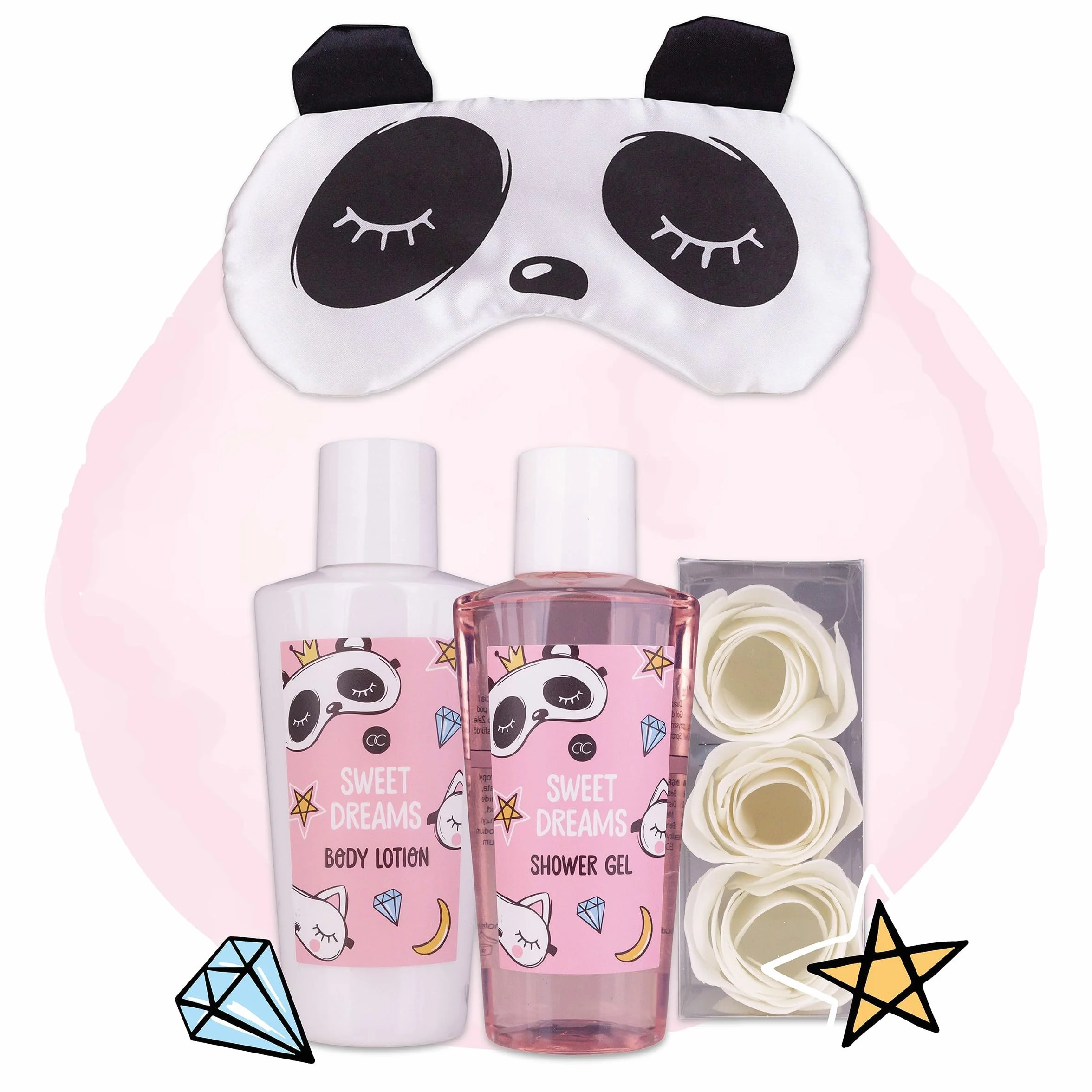 Set de regalo para mujer Sweet Dreams de Accentra - Antifaz de panda, gel de ducha, loción corporal y confeti de baño de rosas