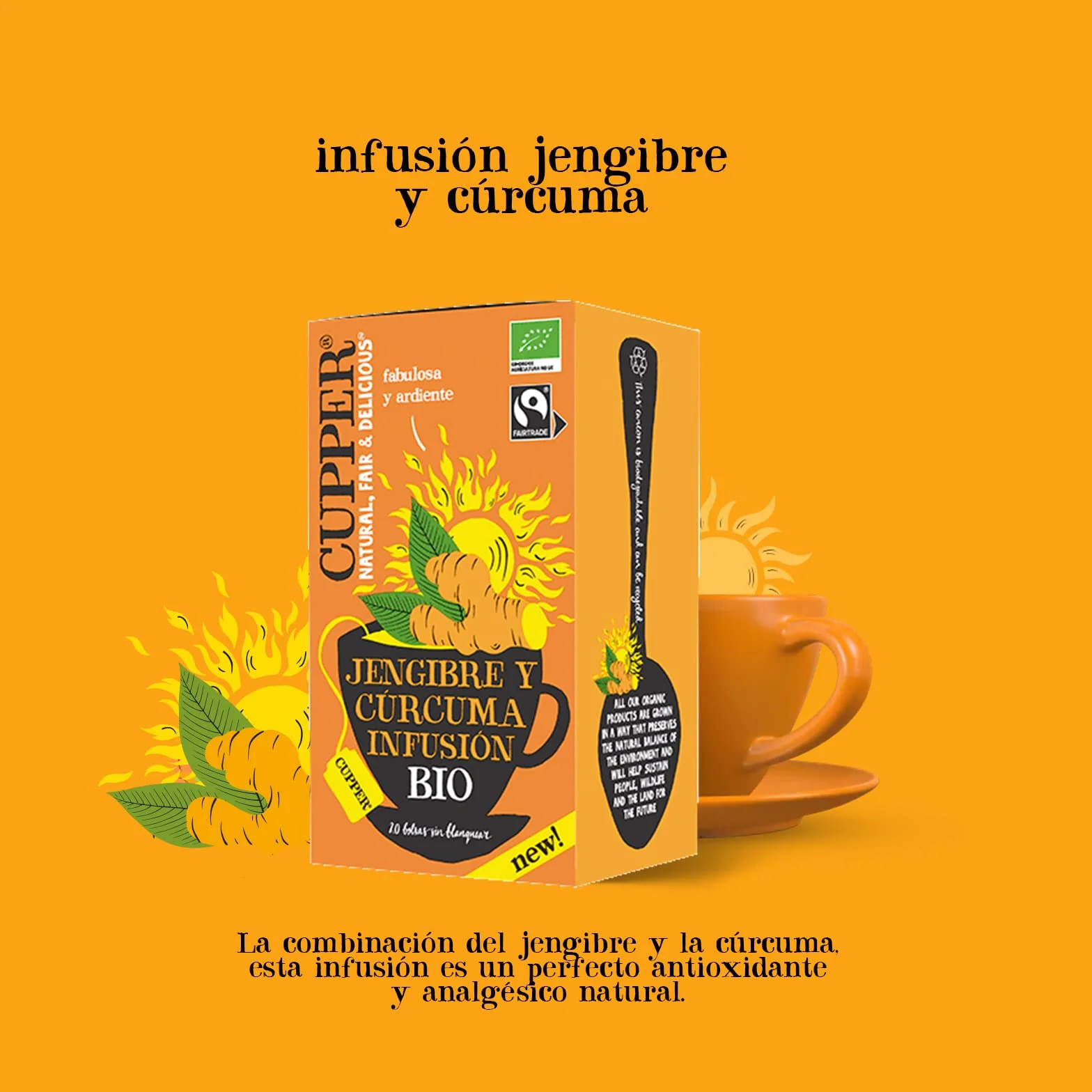 Cupper Infusión de Jengibre y Cúrcuma BIO Pack 4 Cajas 20 Bolsitas Ecológicas Antioxidante Vegano