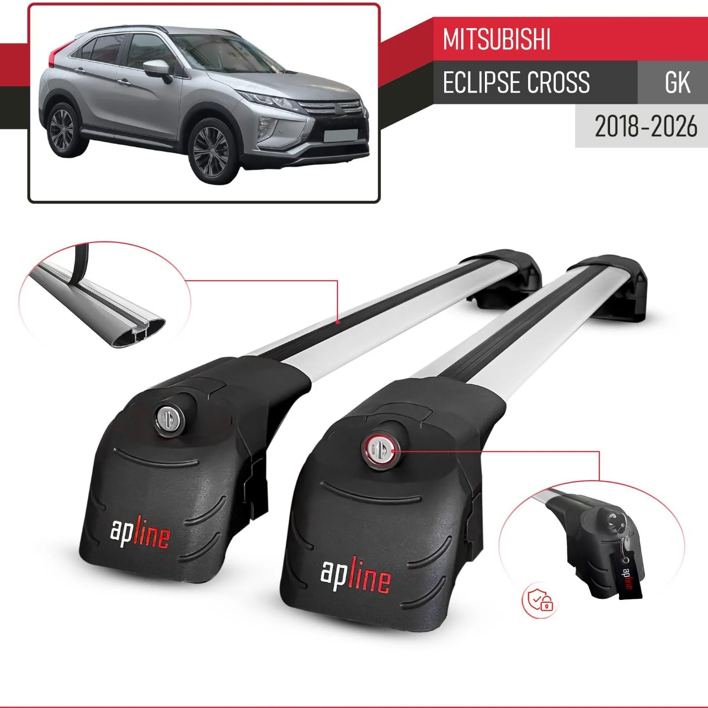 Compatible con Mitsubishi Eclipse Cross (GK) 2018-2026 Modelo Ace-2 Barra de Techo Auto Portaequipajes Barras Transversales Gris Aluminio 2 Barras