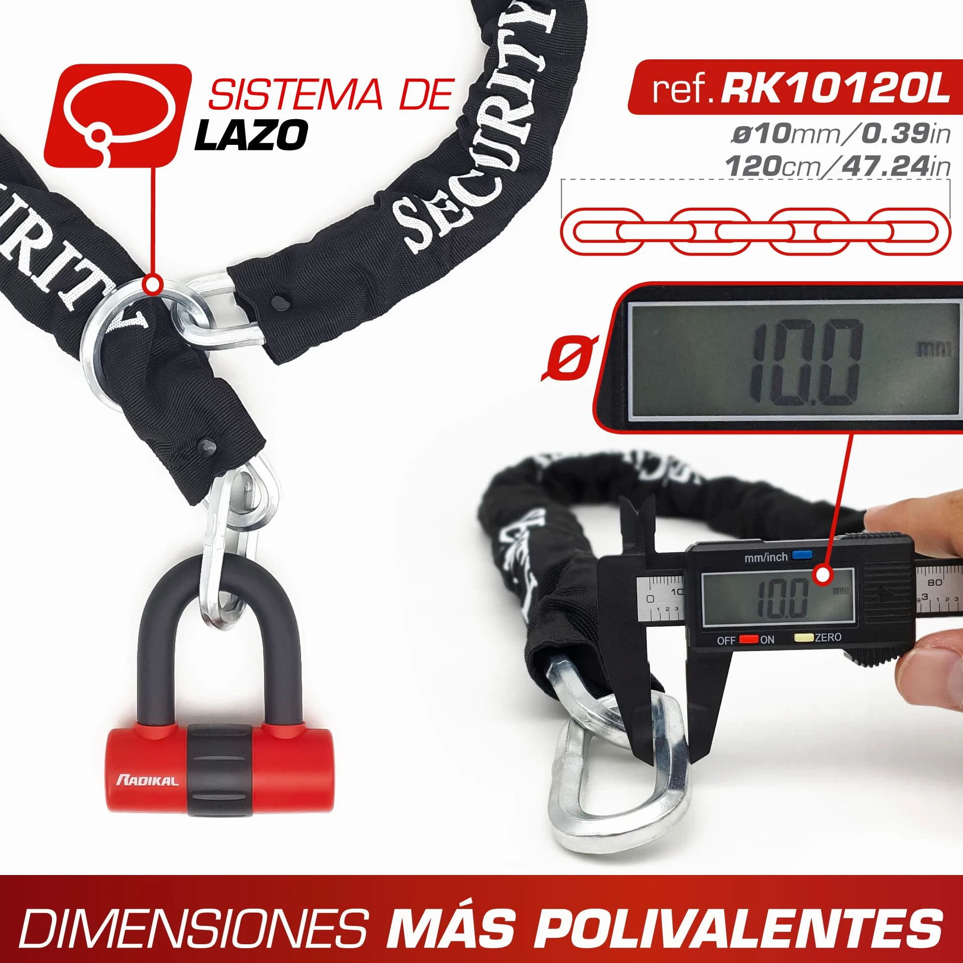 RADIKAL RK72120L Candado Antirrobo Mini U con Cadena Lazo 120 cm, Más Polivalente para Candado Moto Disco +Cable, Cerradura Alta Seguridad y Doble Cierre Antirobo Universal para Moto Scooter Bicicleta