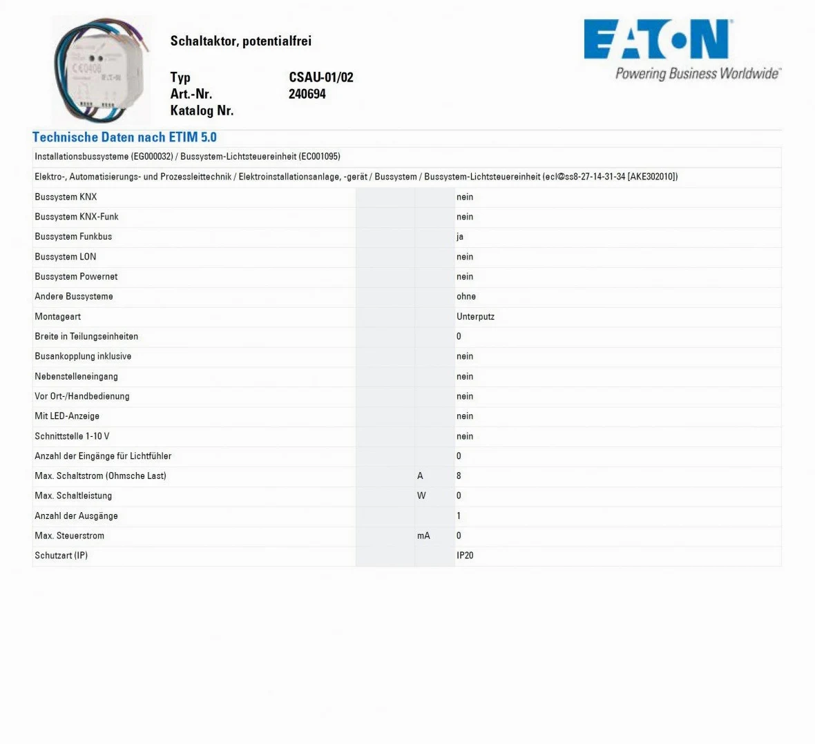 Eaton CSAU-01/02 solenoide eléctrico Blanco - Electrical actuator (Blanco, 230 V, 8 A)