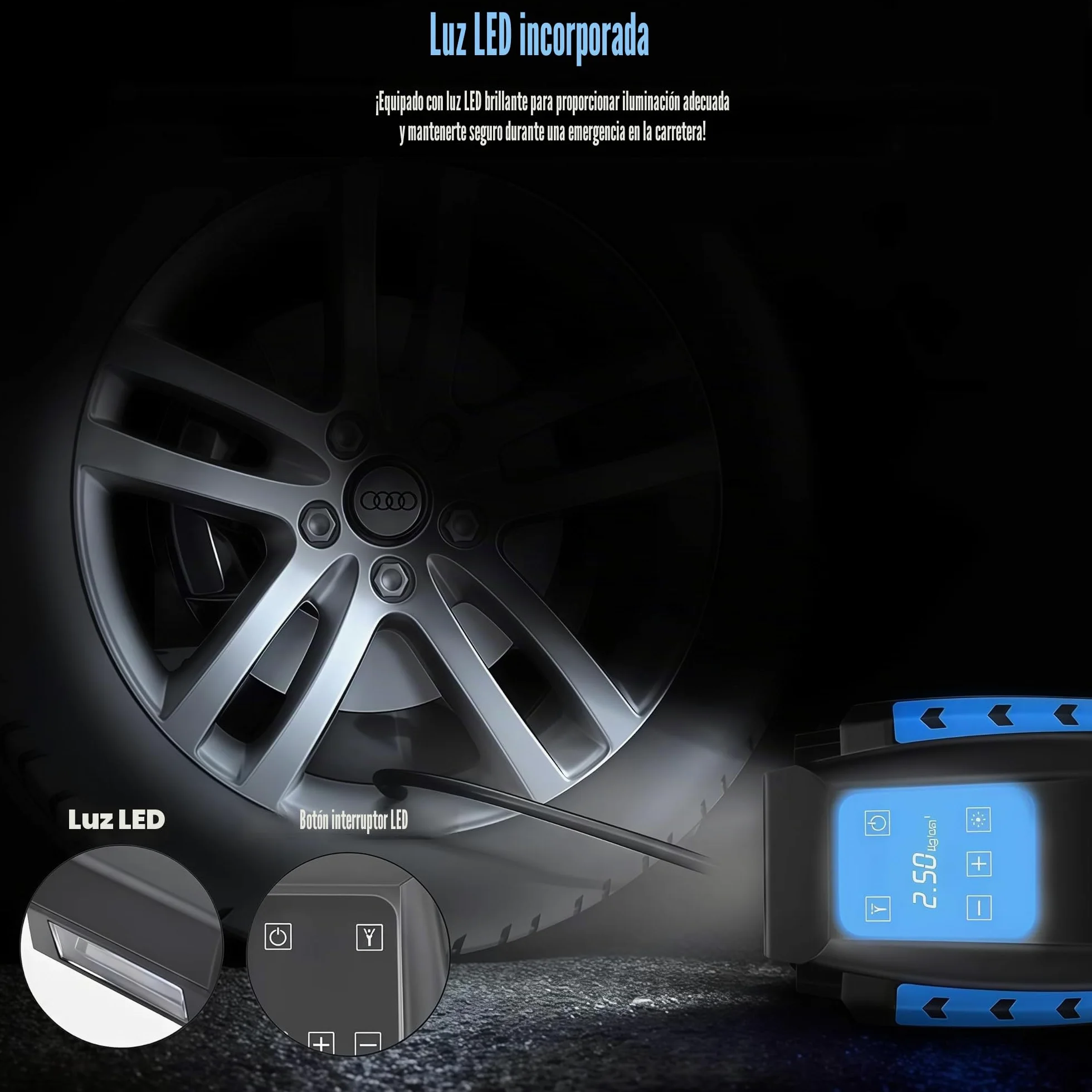 Compresor de Aire Eléctrico Portátil Alimentado con Manómetro 12V con LED Luces de Emergencia para Hinchar Neumático de Moto Coche y Bicicleta (Negro)