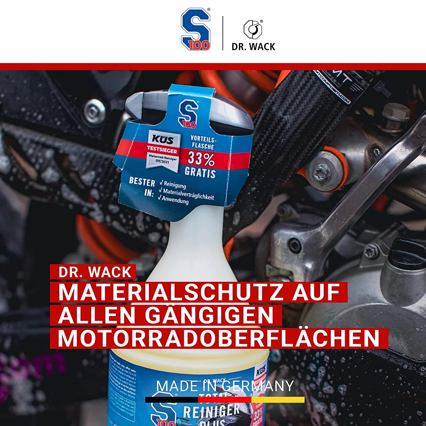 Kit de nettoyage et de séchage pour moto - Wack S100 Total Cleaner + Nettoyant rapide + Nettoyant pour jantes moto + Nuke Guys chiffon sec & 2x pinceaux + detailmate gant lavage & chiffon polissage