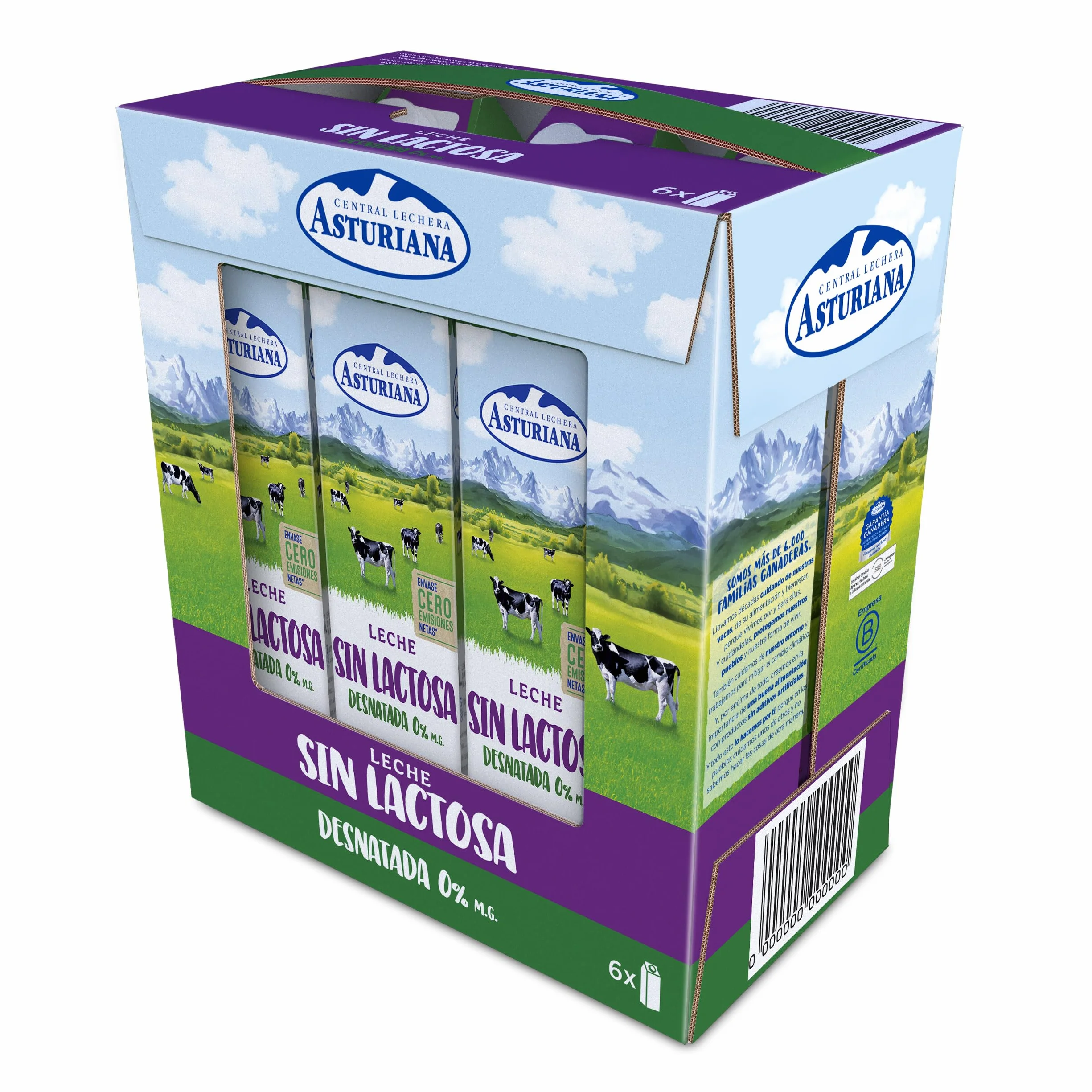 Central Lechera Asturiana Leche Sin Lactosa Desnatada 0% MG, Pack 6 x 1L