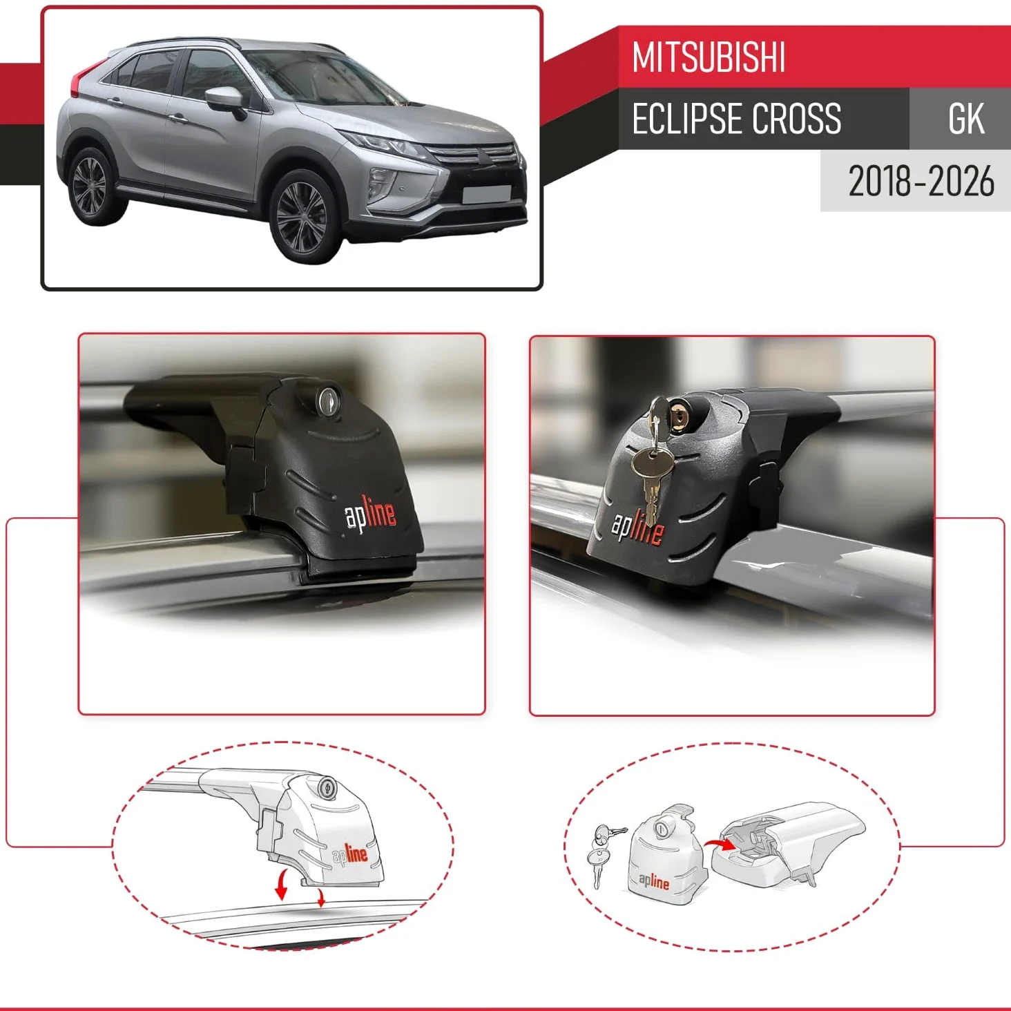 Compatible con Mitsubishi Eclipse Cross (GK) 2018-2026 Modelo Ace-2 Barra de Techo Auto Portaequipajes Barras Transversales Gris Aluminio 2 Barras