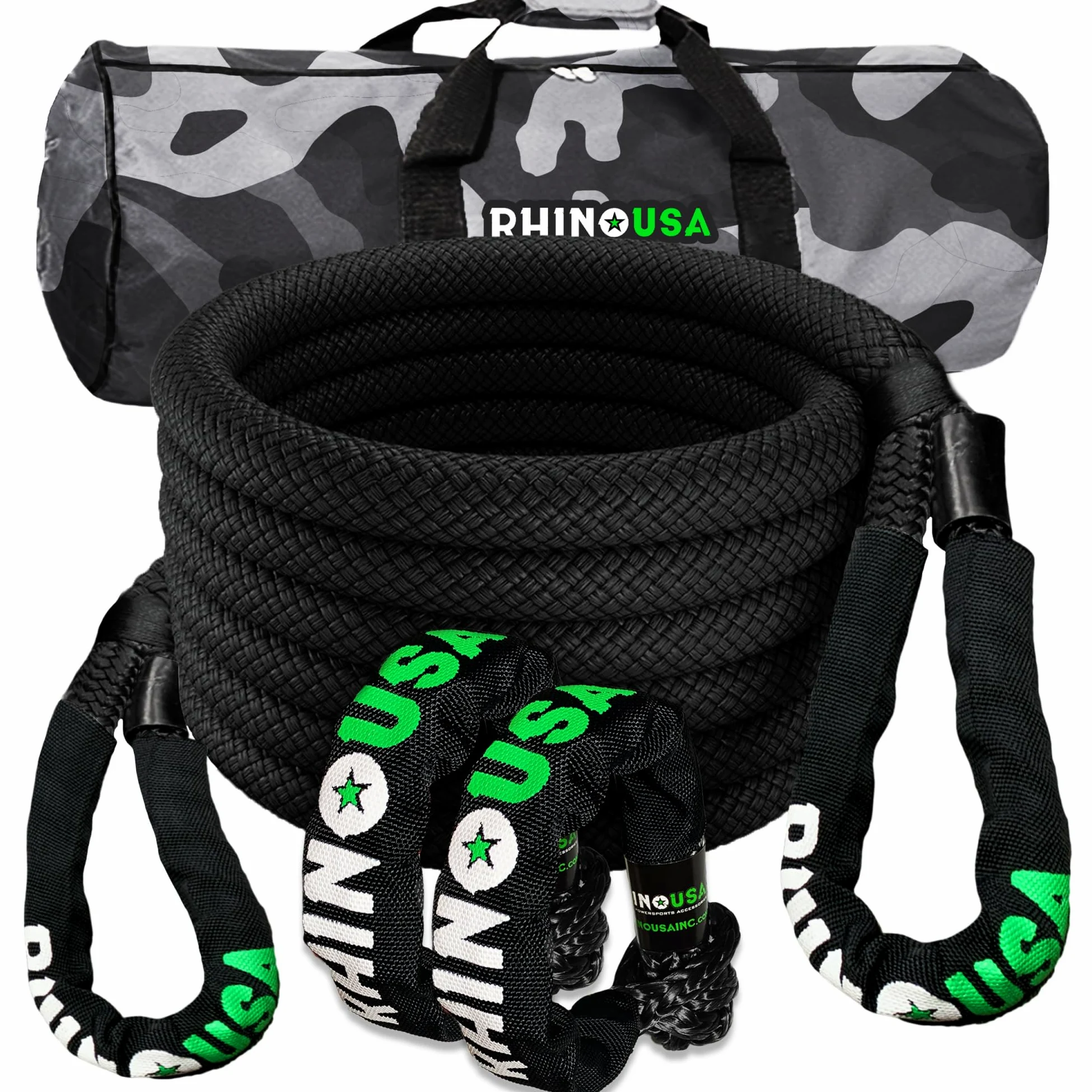 Rhino USA Cuerda Cinética para Remolque 13000kg - Cuerda de Remolque y Recuperación con 2X Grilletes - Correa de Rescate Todoterreno 2.2 cm x 9 m - para Todoterreno Quad UTV 4x4 - Negro