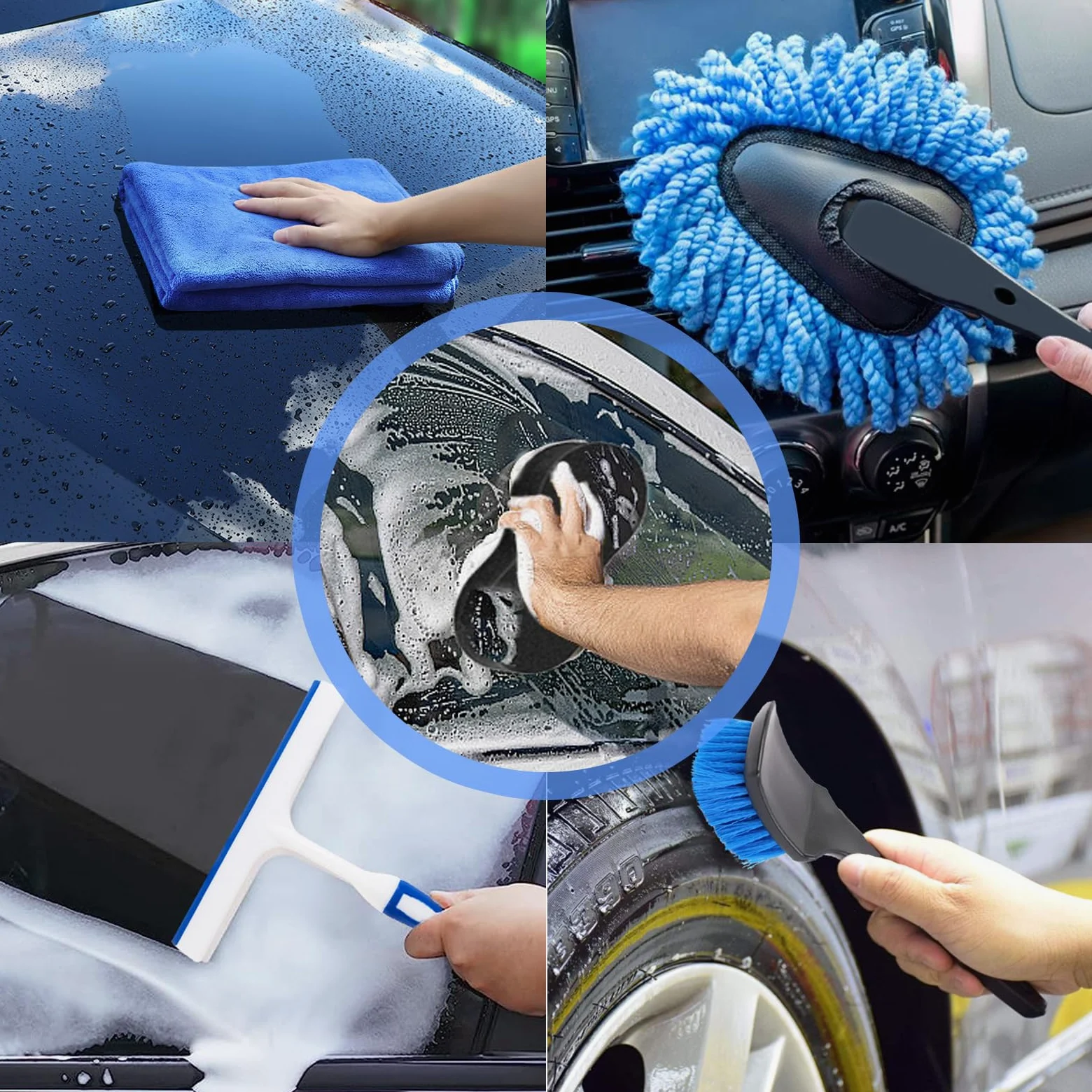 LIANXIN Kit de limpieza de coche y aspiradora de coche – Herramientas de limpieza de coche con toallas de paño de microfibra suave, guante de lavado de coche, cepillo de neumáticos, hoja de agua de