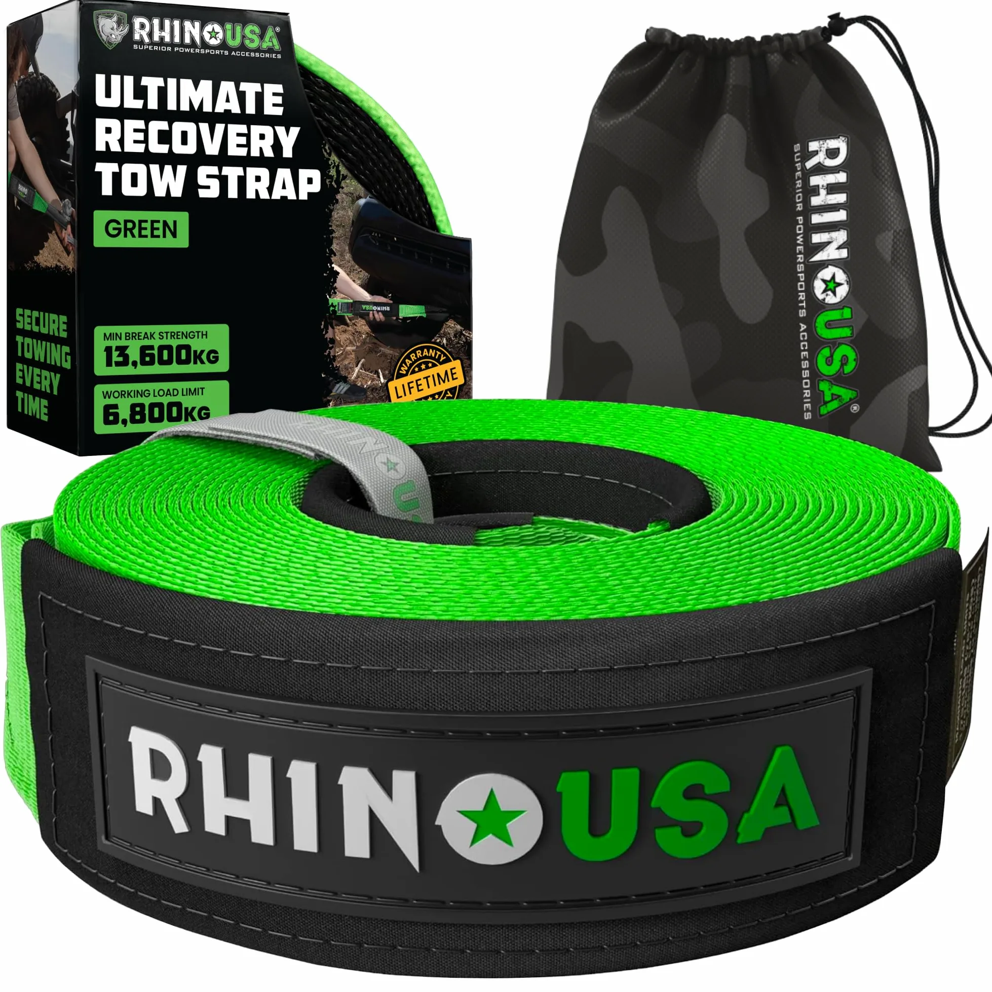 Rhino USA Correa de Remolque 7,6cmx9,1m 13.600kg Cuerda de Recuperación Heavy Duty Verde