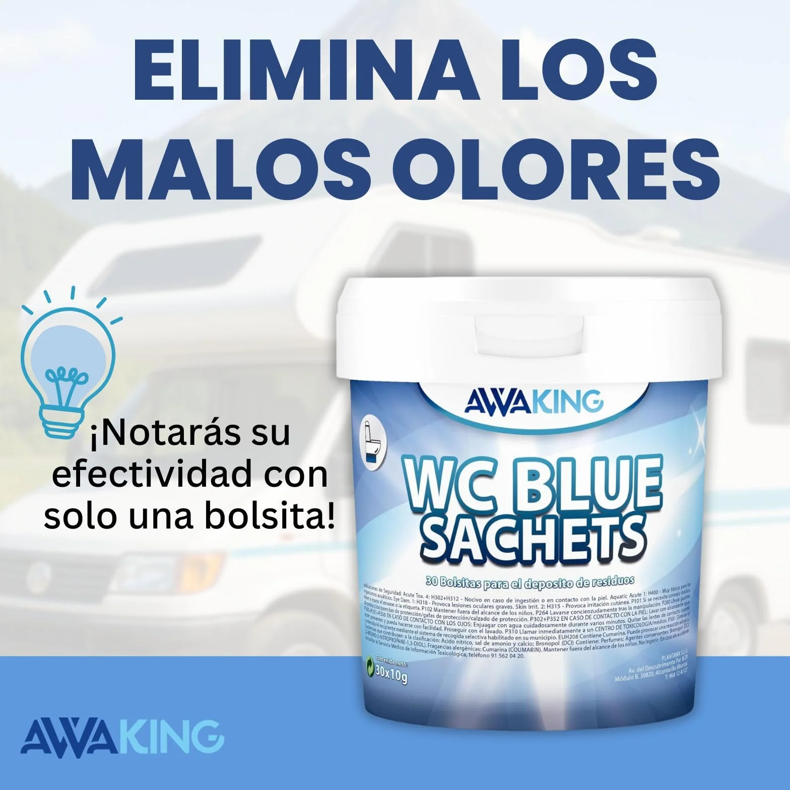 AWAKING Pastillas WC Quimico Autocaravana Blue Sachets 30ud | Limpia y Desodoriza. Fórmula Concentrada y Aroma Fresco Depósito Aguas Negras de Caravana, Limpieza profunda, Camper, Descompone Residuos.