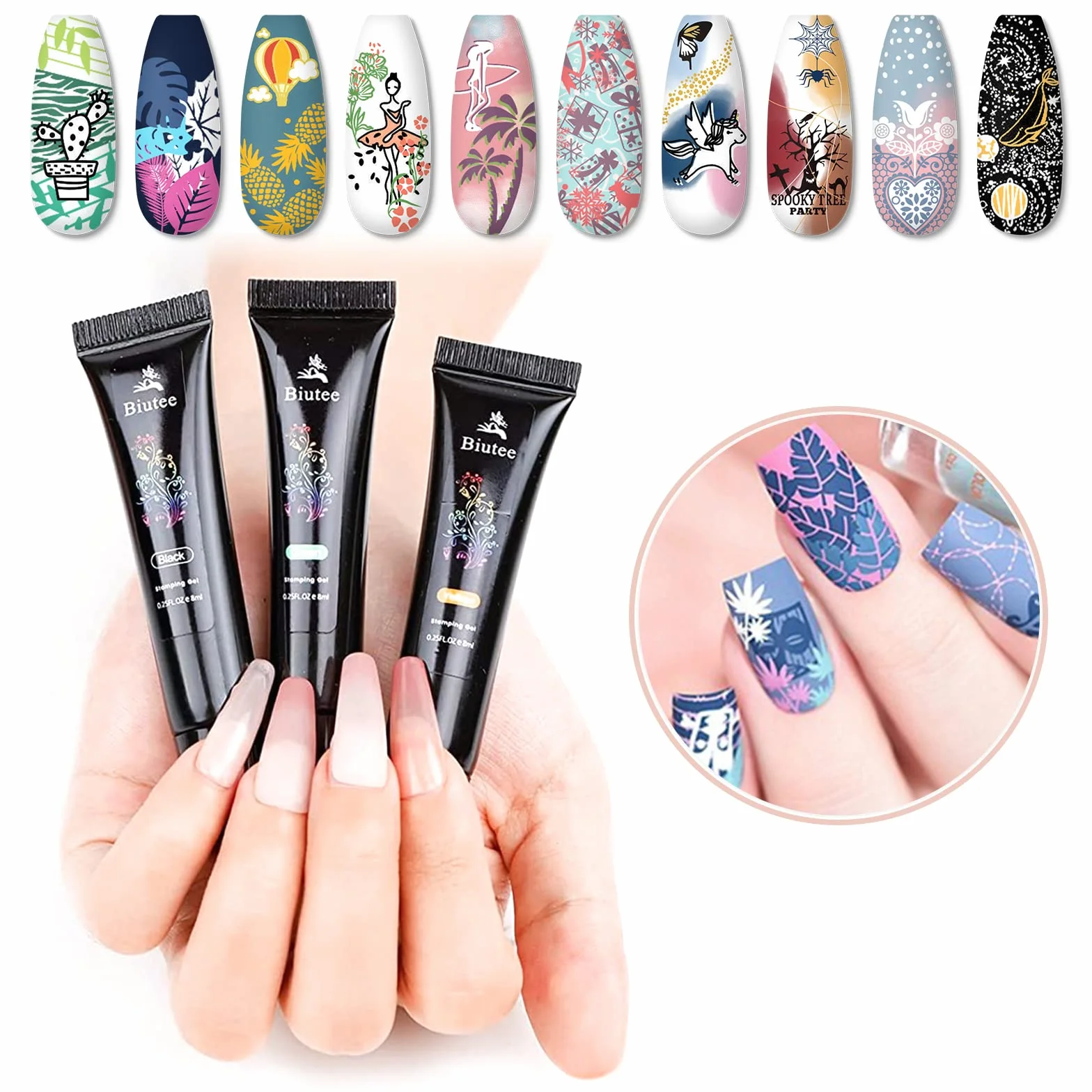 Biutee Nail Stamping Set 12pcs Plantillas Estampacion Uñas 8 Colores 8ml Gel Polish con Tampón Rascador