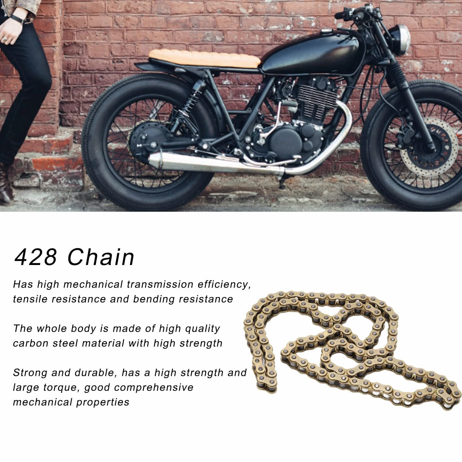 Buachois Cadena de Transmisión de Motocicleta 428, Cadena de Motocicleta de Acero Al Carbono Dorado de 104 Eslabones para Actualización de Reparación de Motocicleta ATV