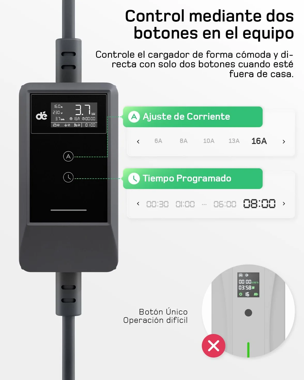 dé Cargador Coche Electrico App 3,7kW [7m, Monofásico, 6-16A] Cargador Carro Electrico con Potencia Ajustable a Distancia, para Model Y/3, Dolphin Surf, EV3, Avenger y Otros vehículos BEV/PHEV