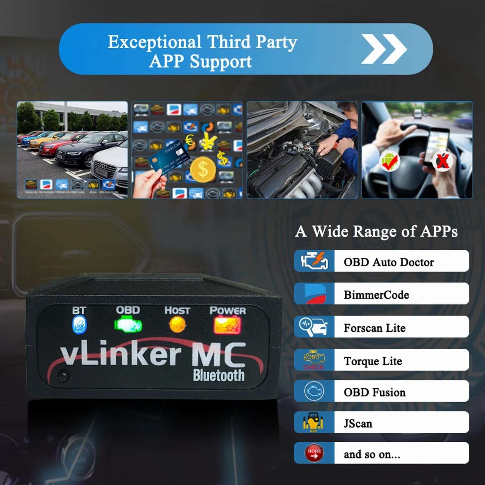 vLinker MC Mini Bluetooth OBD II Adaptador de escáner Herramienta de escaneo de diagnóstico del automóvil y Lector de código para Android (No iOS)