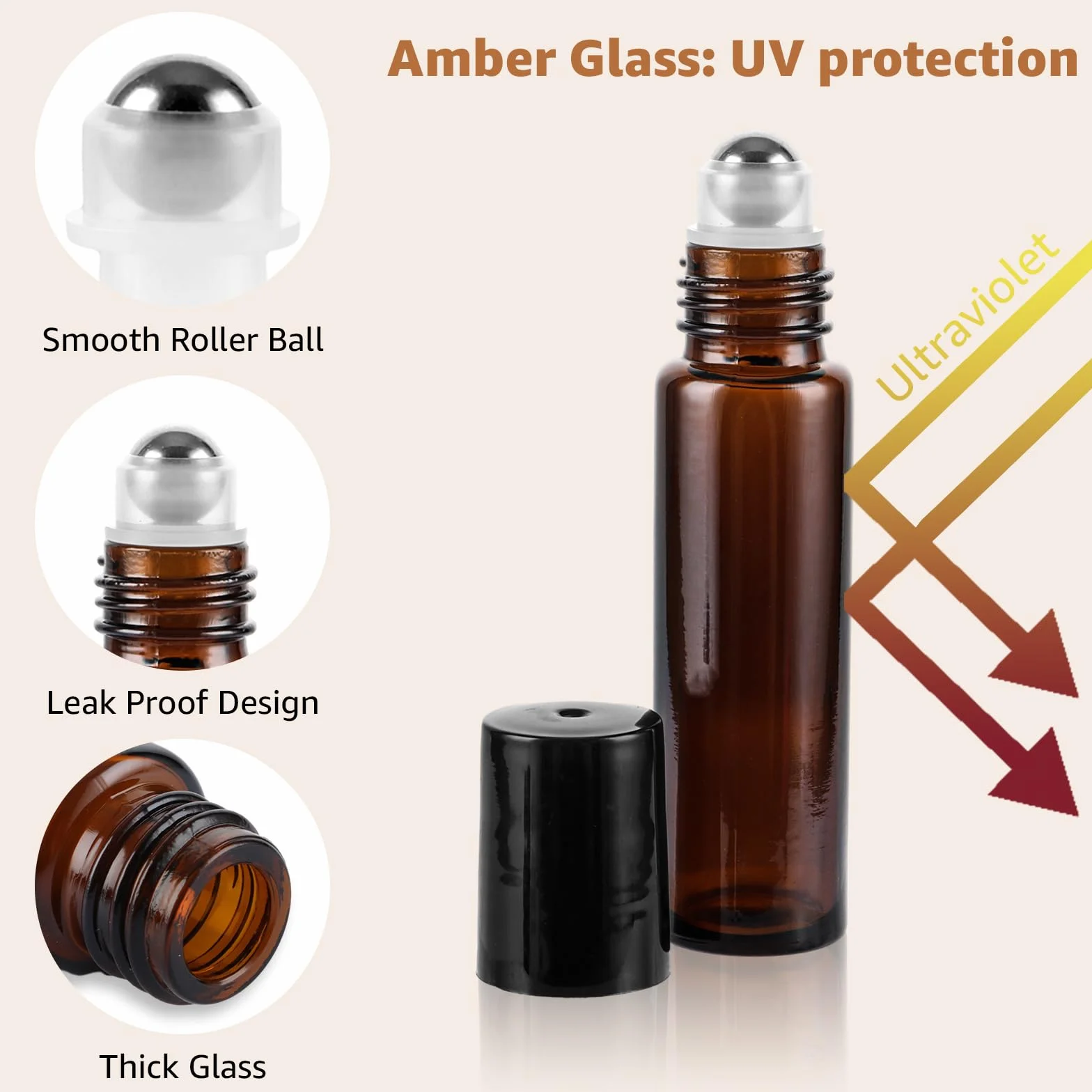 Frascos Vidrio Ámbar 10ml Roll on para Aceites Esenciales, 24 Botellas Antiluz con Tapón, Sin BPA
