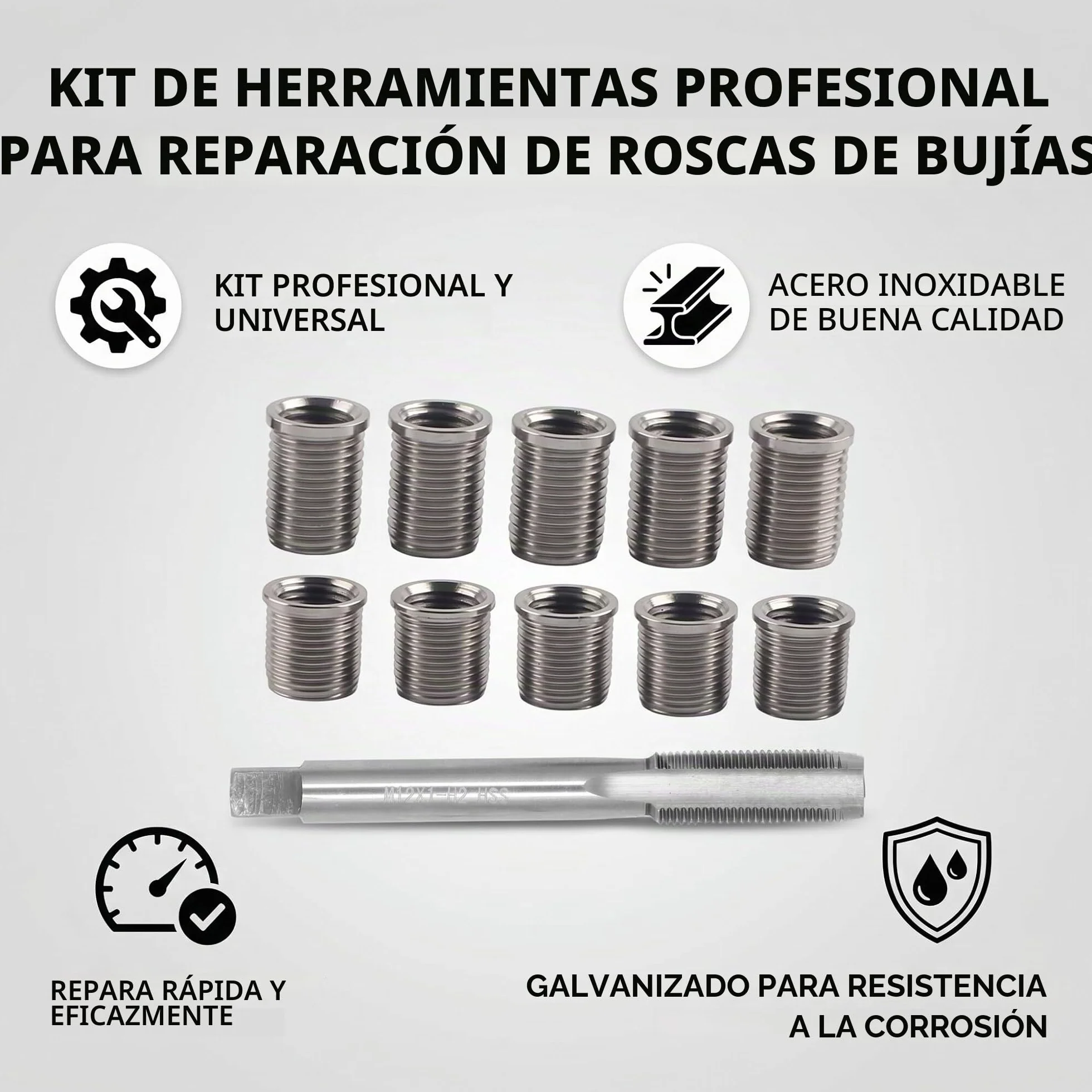Kit de reparación de roscas de bujía, 10 insertos roscados M10x1.0 y 1 macho roscado M12x1.0, herramientas para grifo de la bujía para la reparación de